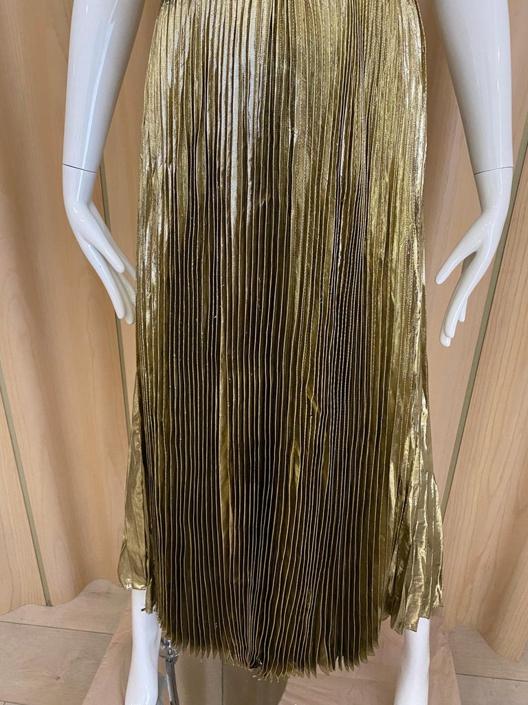 1970s Gold Lam Sleeveless Pleated cocktail Dress