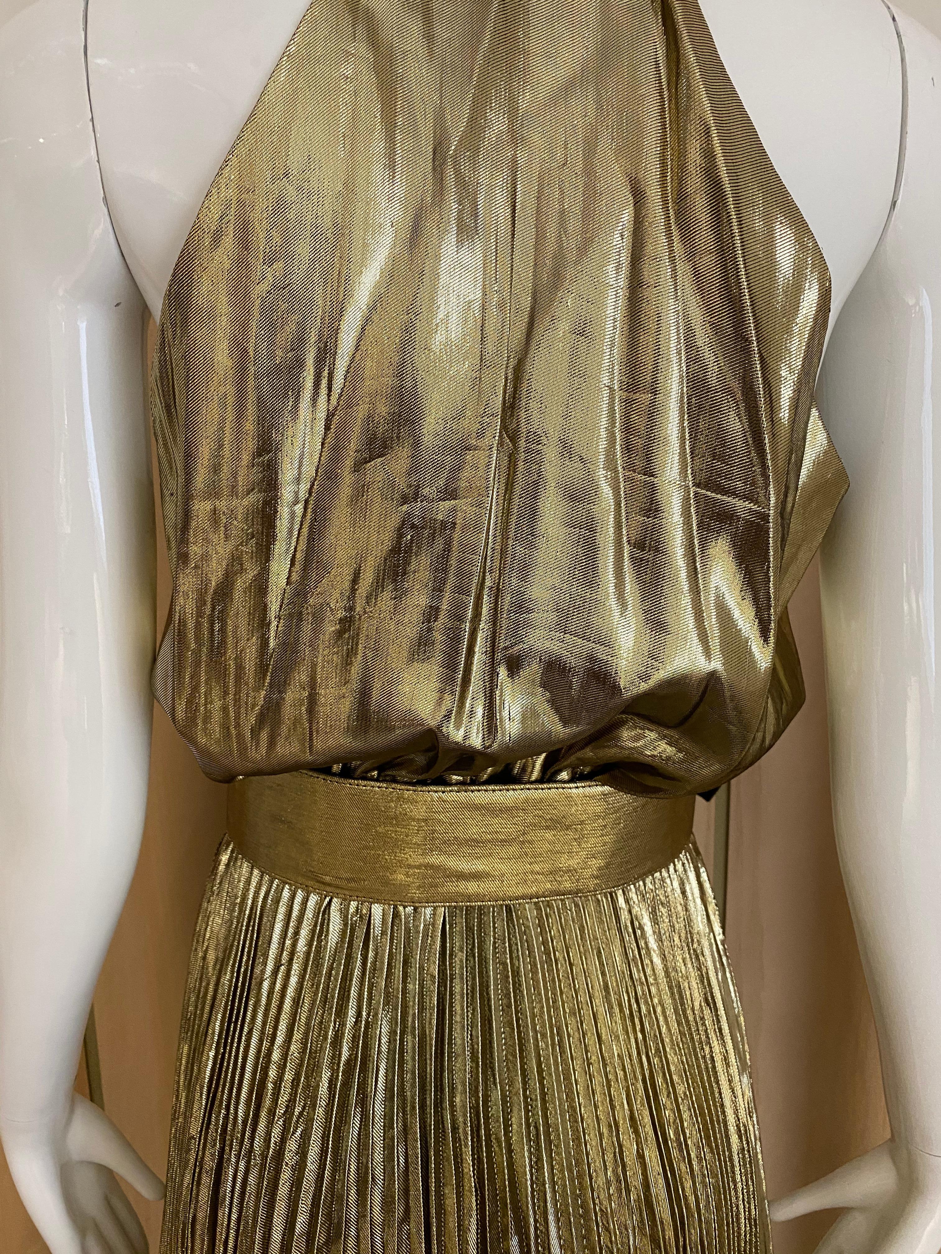 1970s Gold Lamé Sleeveless Pleated cocktail Dress 1