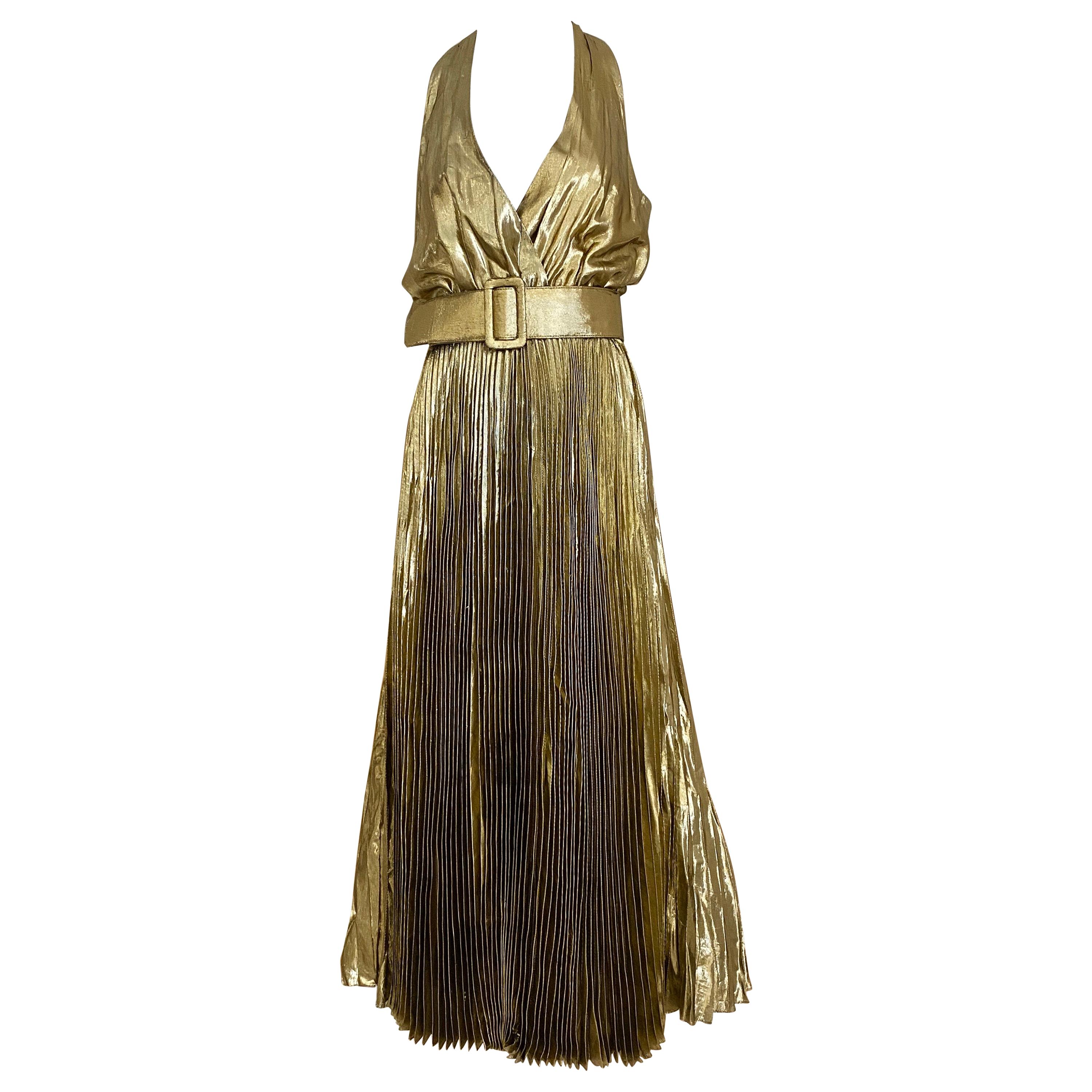 1970s Gold Lamé Sleeveless Pleated cocktail Dress