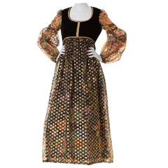 1970S Black & Gold Poly/Lurex Organza Empire Waist Balloon Sleeve Gown With Vel