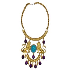 1970S Gold Lions & Faux Amethyst Necklace