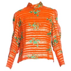 1970S Orange Rayon & Lurex Chiffon Long Sleeve Blouse With Green Floral Embroid