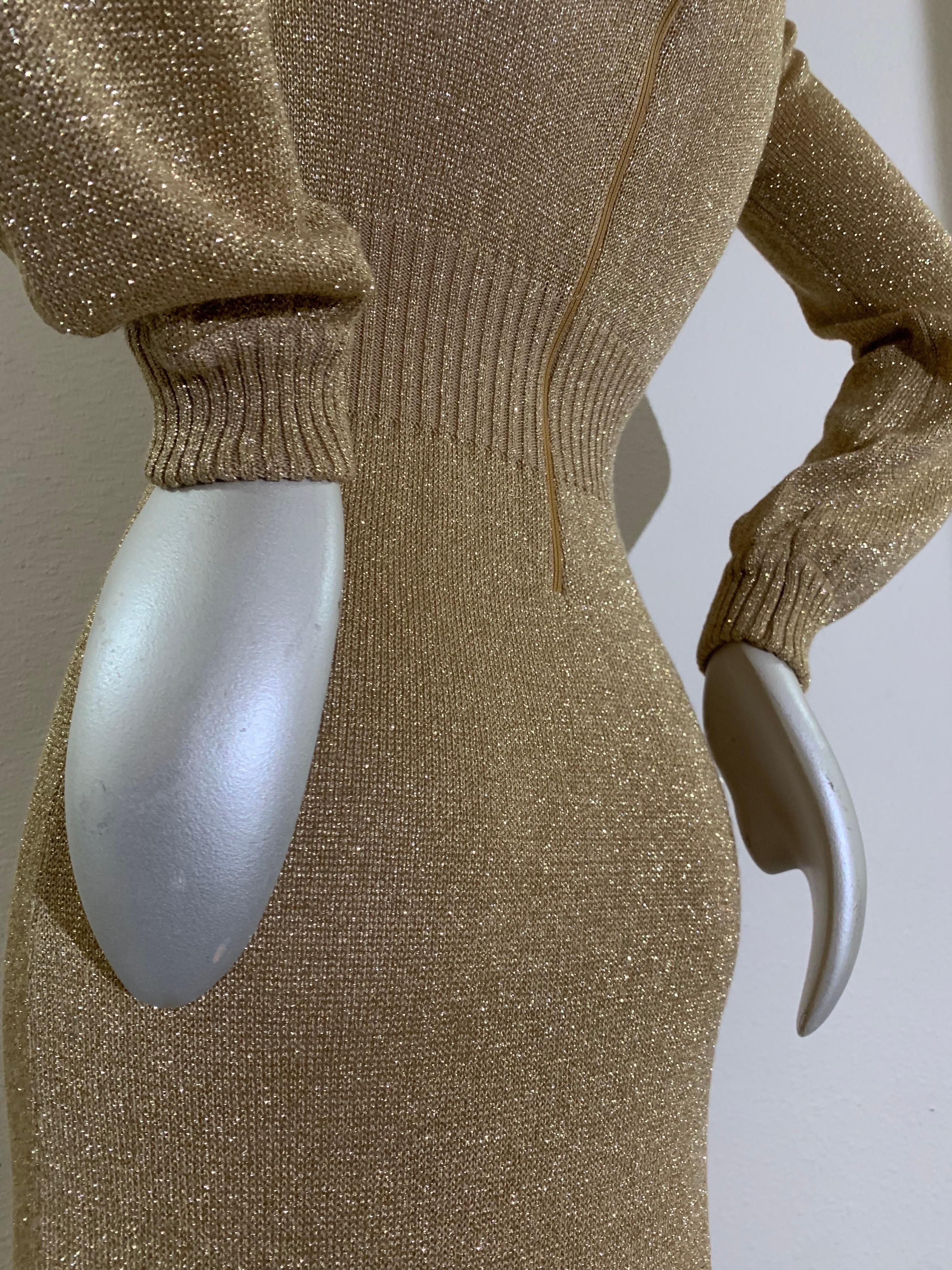 1970s Gold Lurex Rib-Knit Maxi Gown with Cowl Neck and Balloon Sleeves For Sale 6