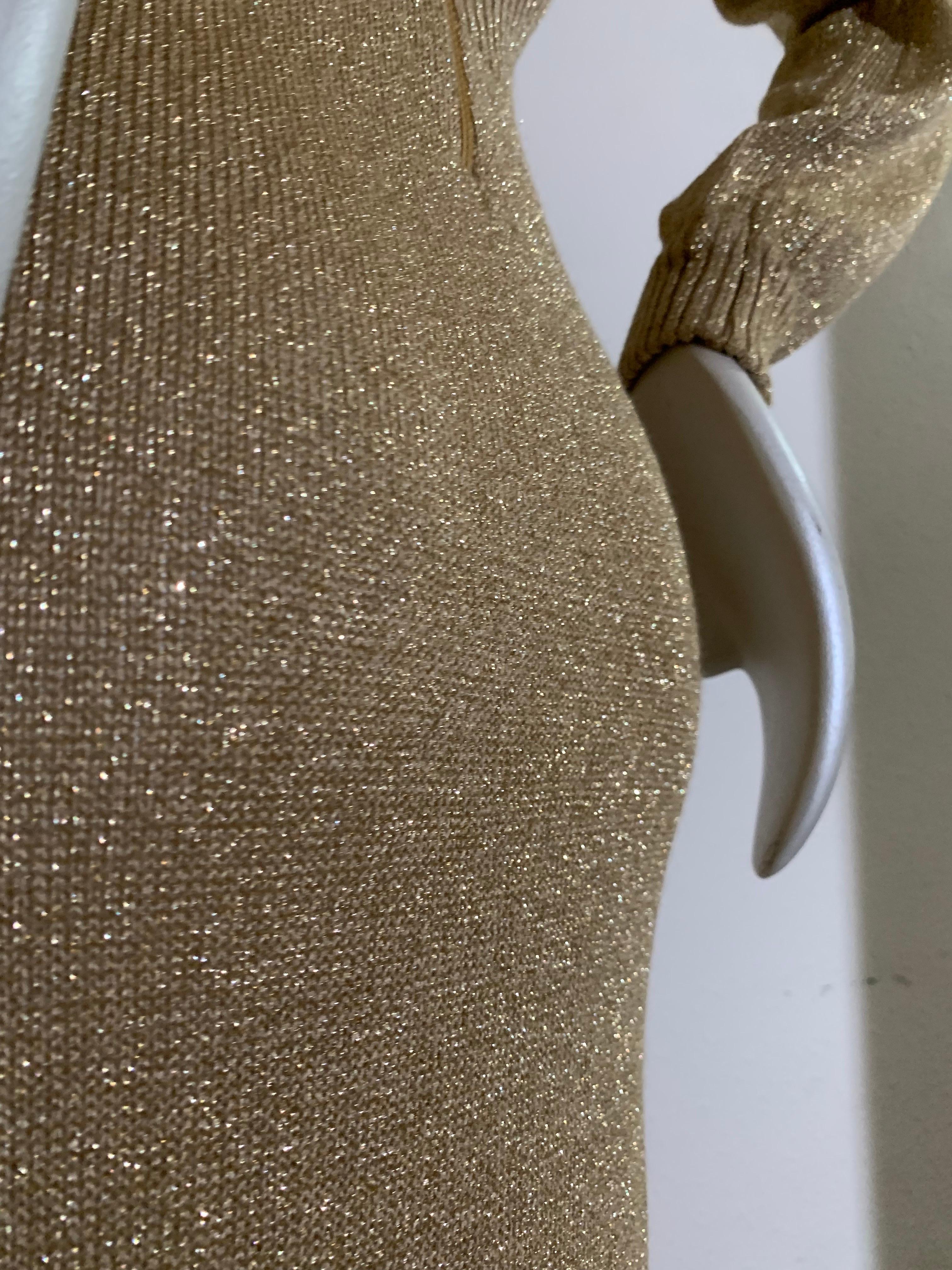 1970s Gold Lurex Rib-Knit Maxi Gown with Cowl Neck and Balloon Sleeves For Sale 7