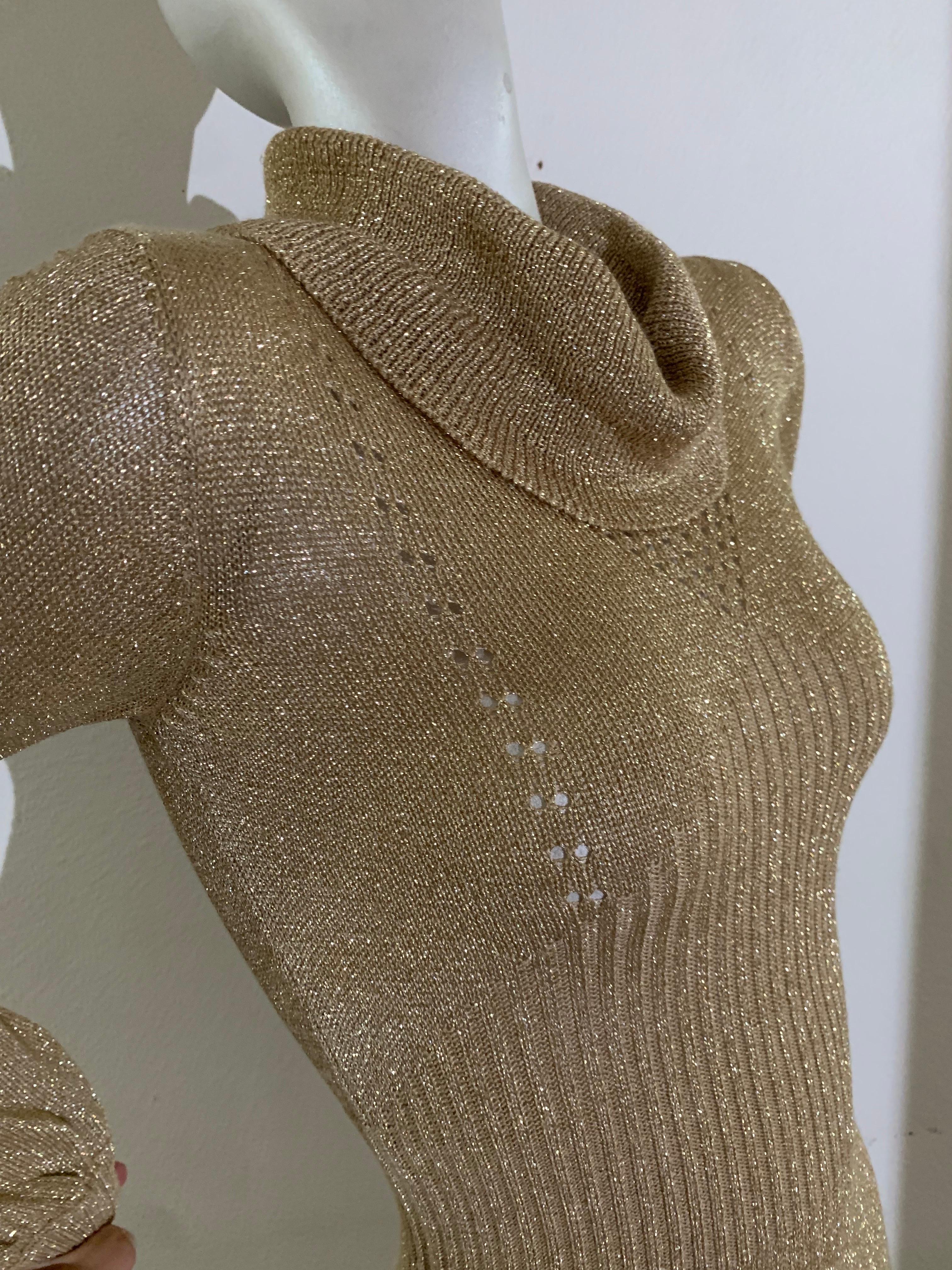 1970s Gold Lurex Rib-Knit Maxi Gown with Cowl Neck and Balloon Sleeves For Sale 8