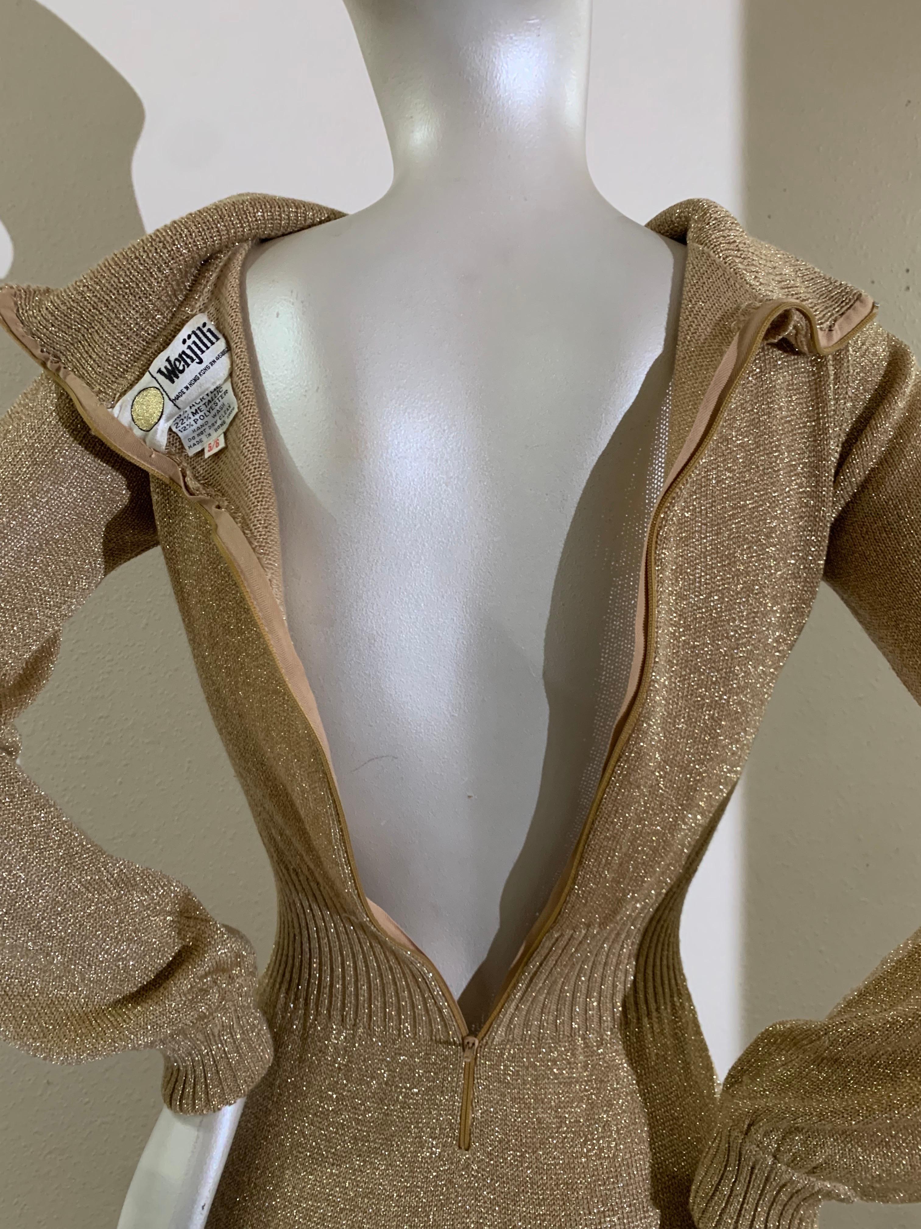 1970s Gold Lurex Rib-Knit Maxi Gown with Cowl Neck and Balloon Sleeves For Sale 10