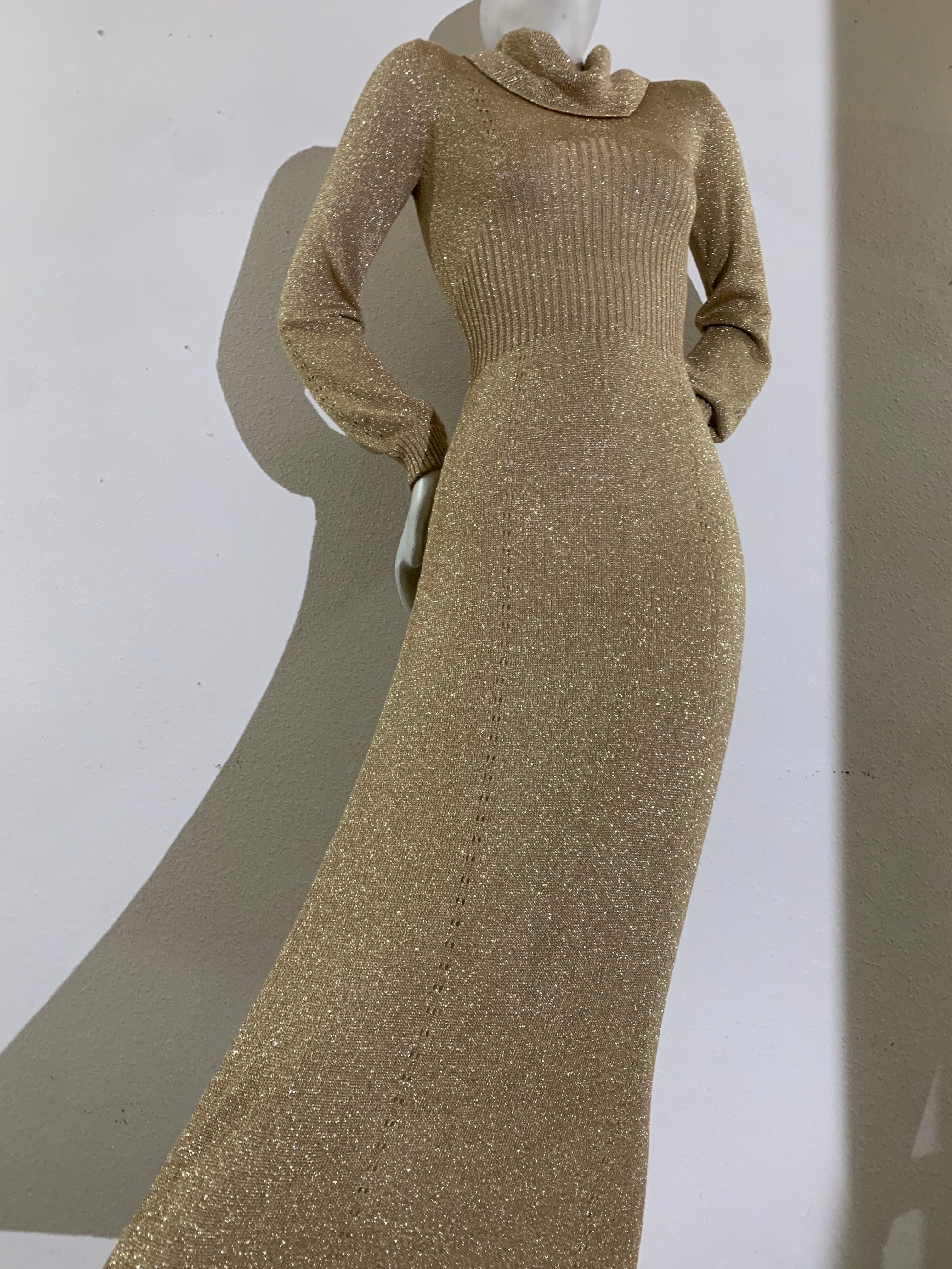 1970s Gold Lurex Rib-Knit Maxi Gown with Cowl Neck and Balloon Sleeves In Excellent Condition For Sale In Gresham, OR