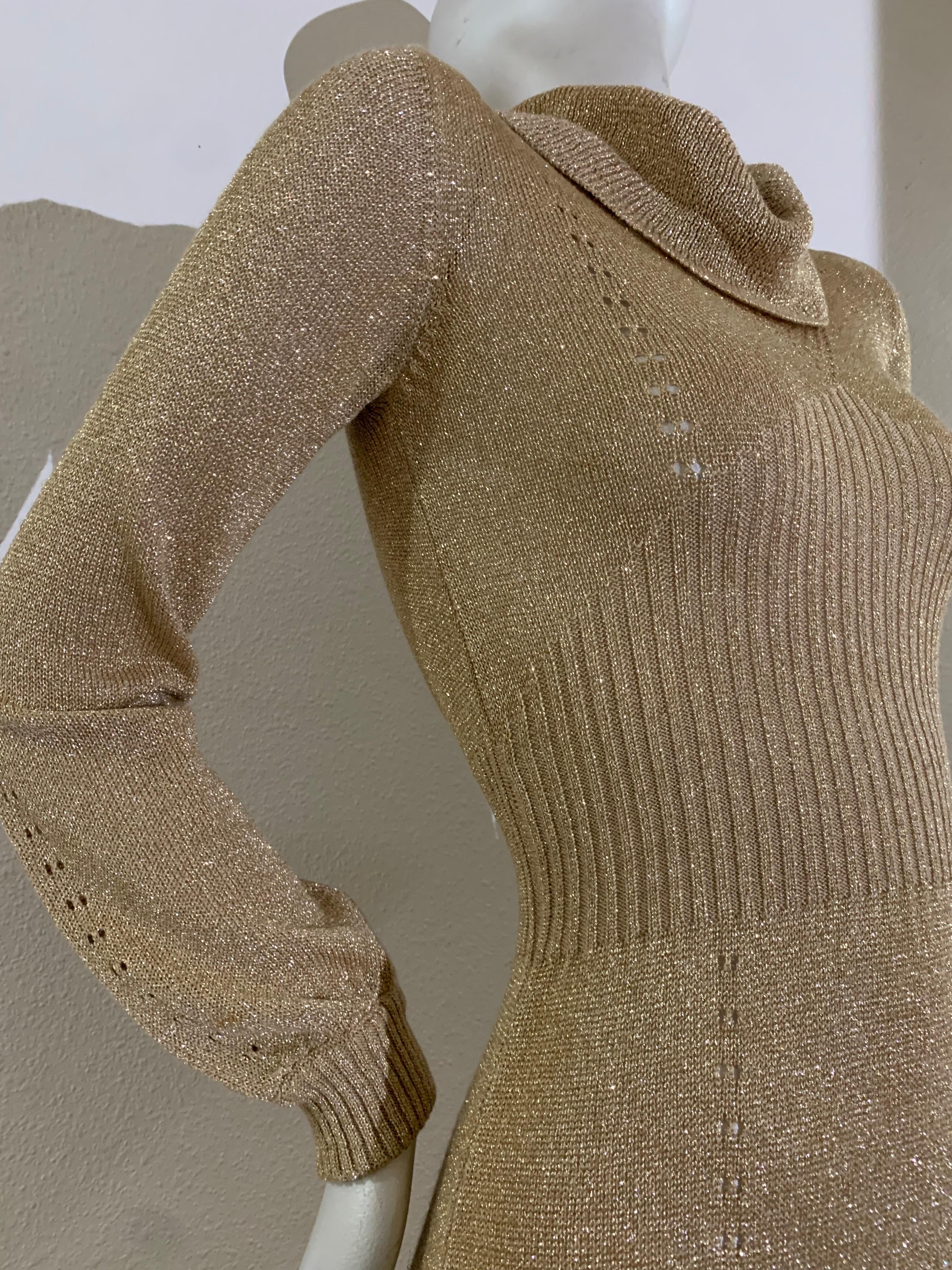 1970s Gold Lurex Rib-Knit Maxi Gown with Cowl Neck and Balloon Sleeves For Sale 1