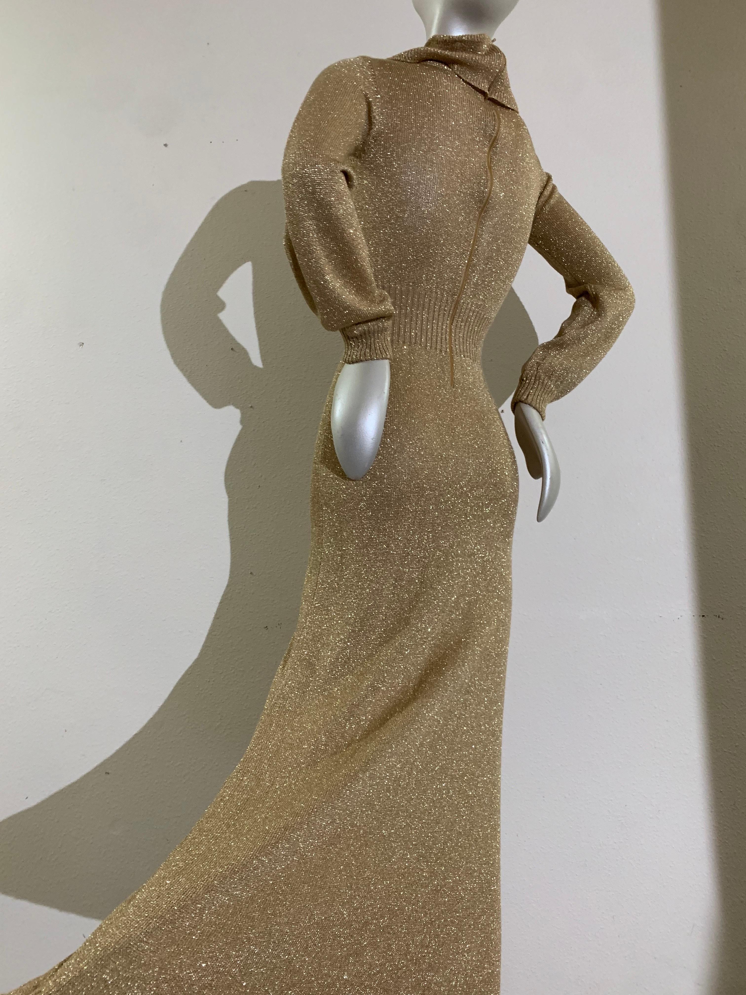 1970s Gold Lurex Rib-Knit Maxi Gown with Cowl Neck and Balloon Sleeves For Sale 4