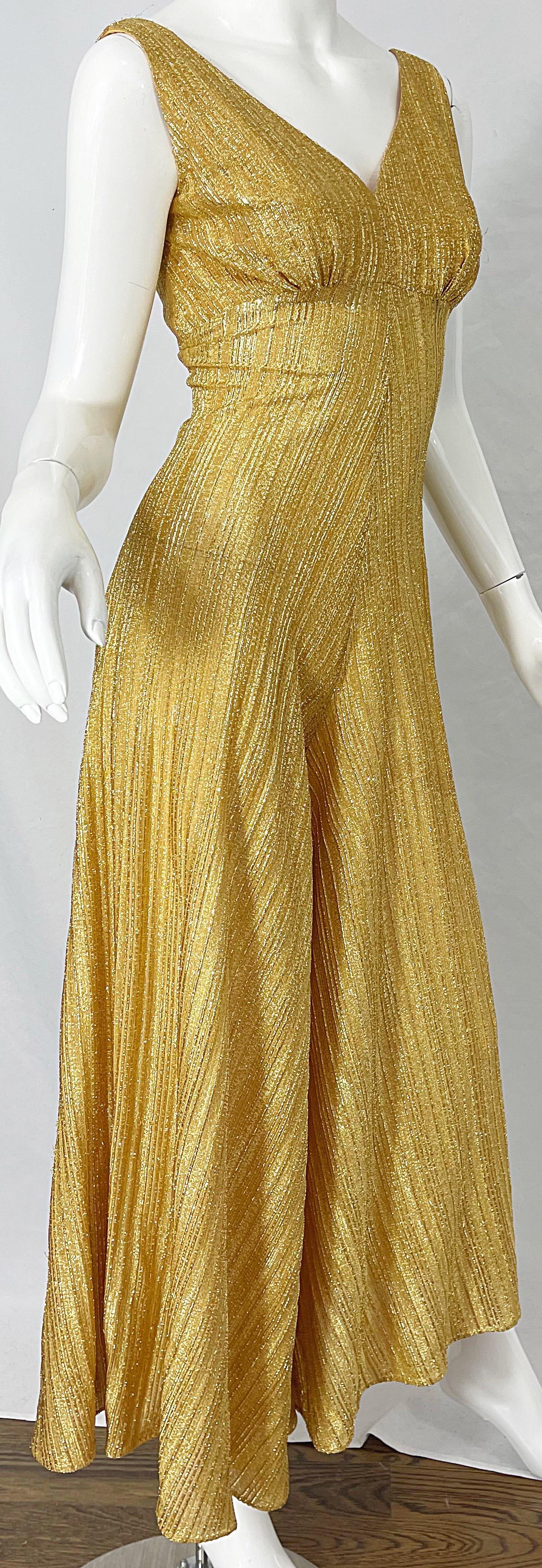 Women's 1970s Gold Lurex Wide Leg Sleeveless Disco Studio 54 Vintage 70s Jumpsuit