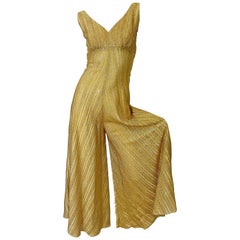 1970s Gold Lurex Wide Leg Sleeveless Disco Studio 54 Vintage 70s Jumpsuit