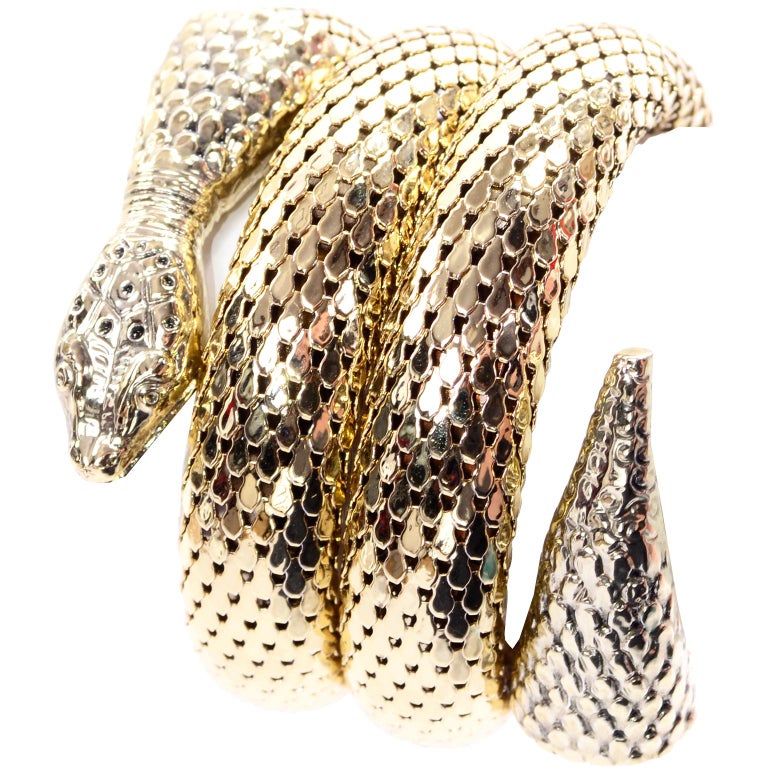 1970s Gold Mesh Whiting and Davis Vintage Coil Snake Bracelet at