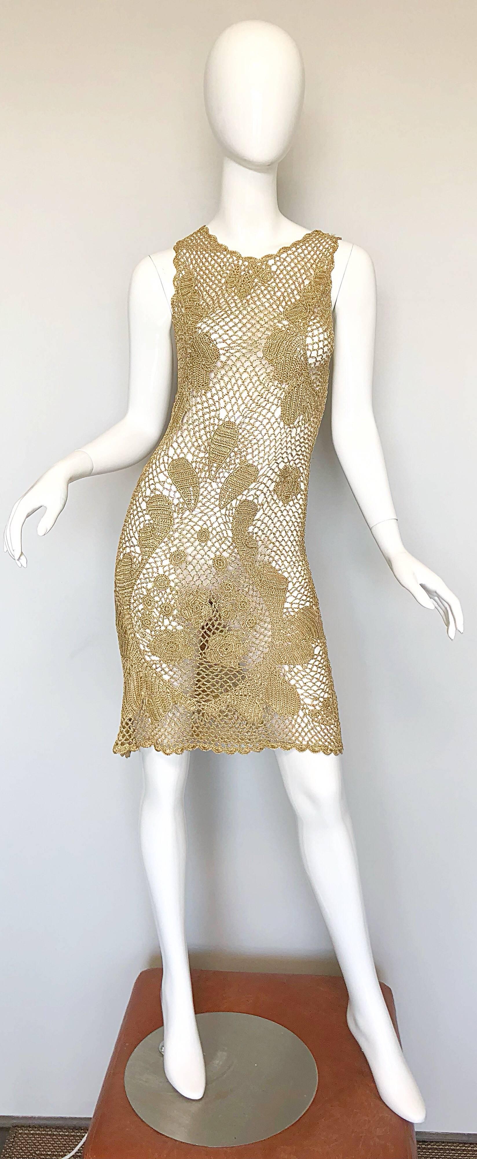 1970s Gold Metallic Hand Crochet Vintage 70s Sexy Sheer Rayon Dress 3