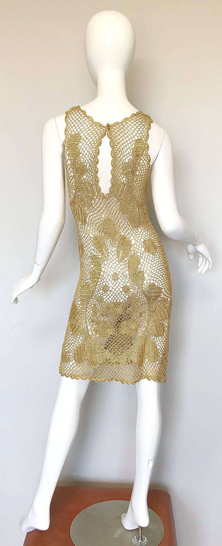 1970s Gold Metallic Hand Crochet Vintage 70s Sexy Sheer Rayon Dress at