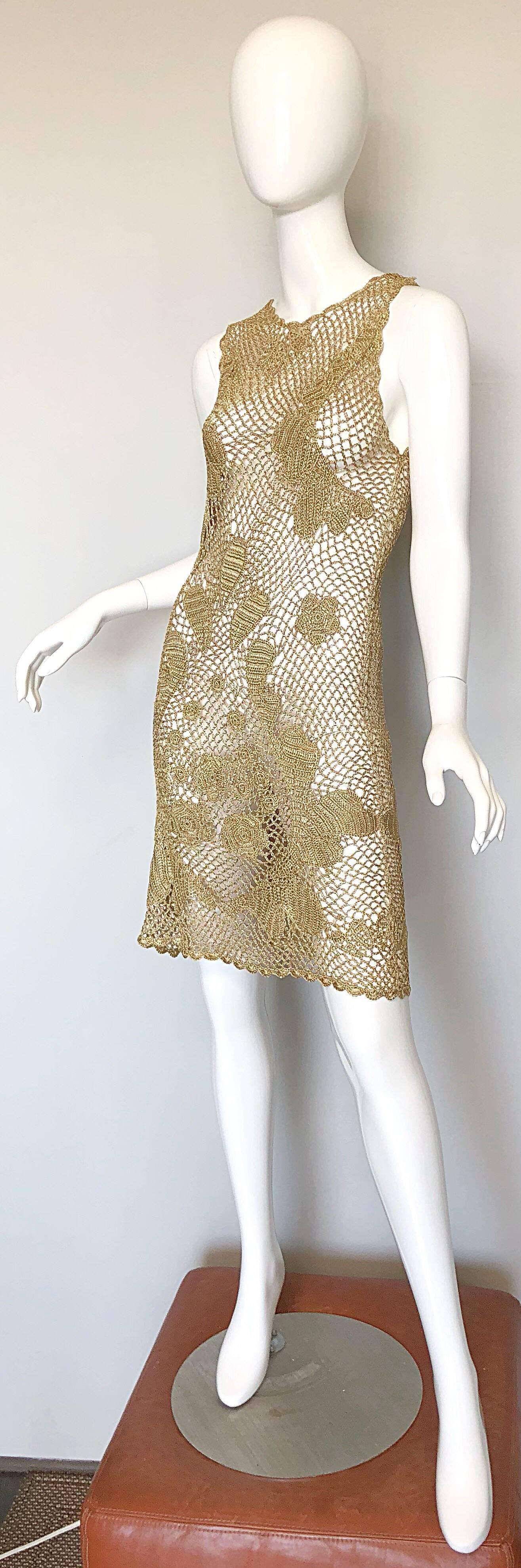 Brown 1970s Gold Metallic Hand Crochet Vintage 70s Sexy Sheer Rayon Dress