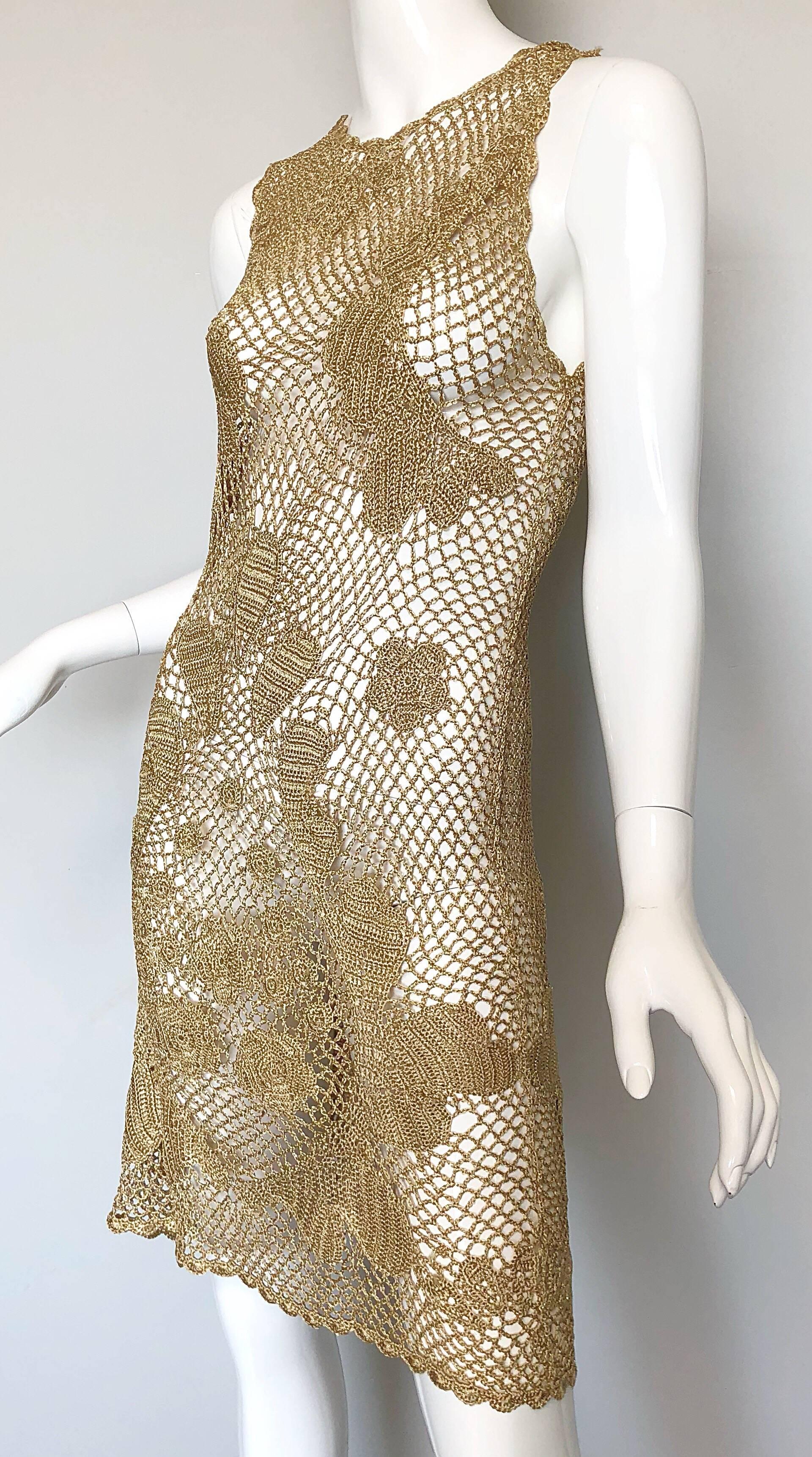1970s Gold Metallic Hand Crochet Vintage 70s Sexy Sheer Rayon Dress In Excellent Condition In San Diego, CA