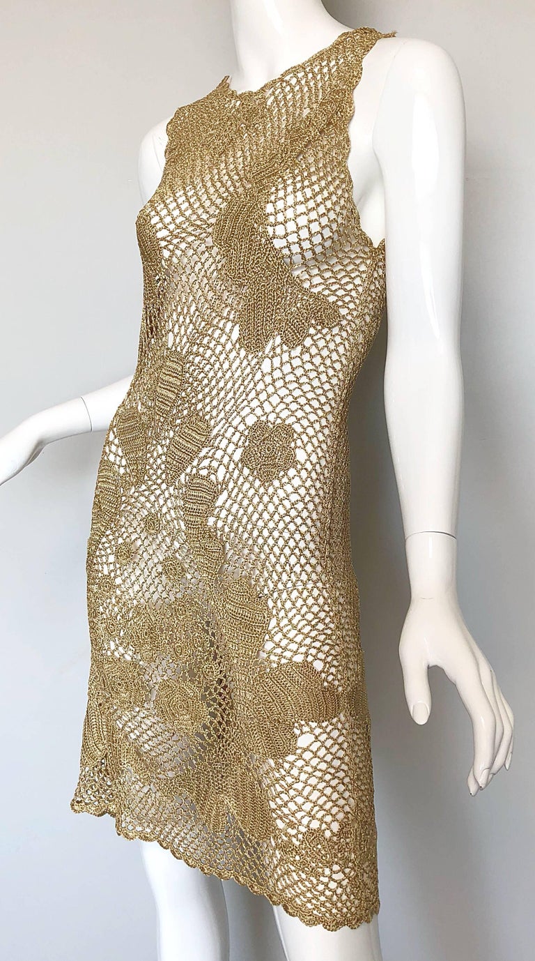 1970s Gold Metallic Hand Crochet Vintage 70s Sexy Sheer Rayon Dress at