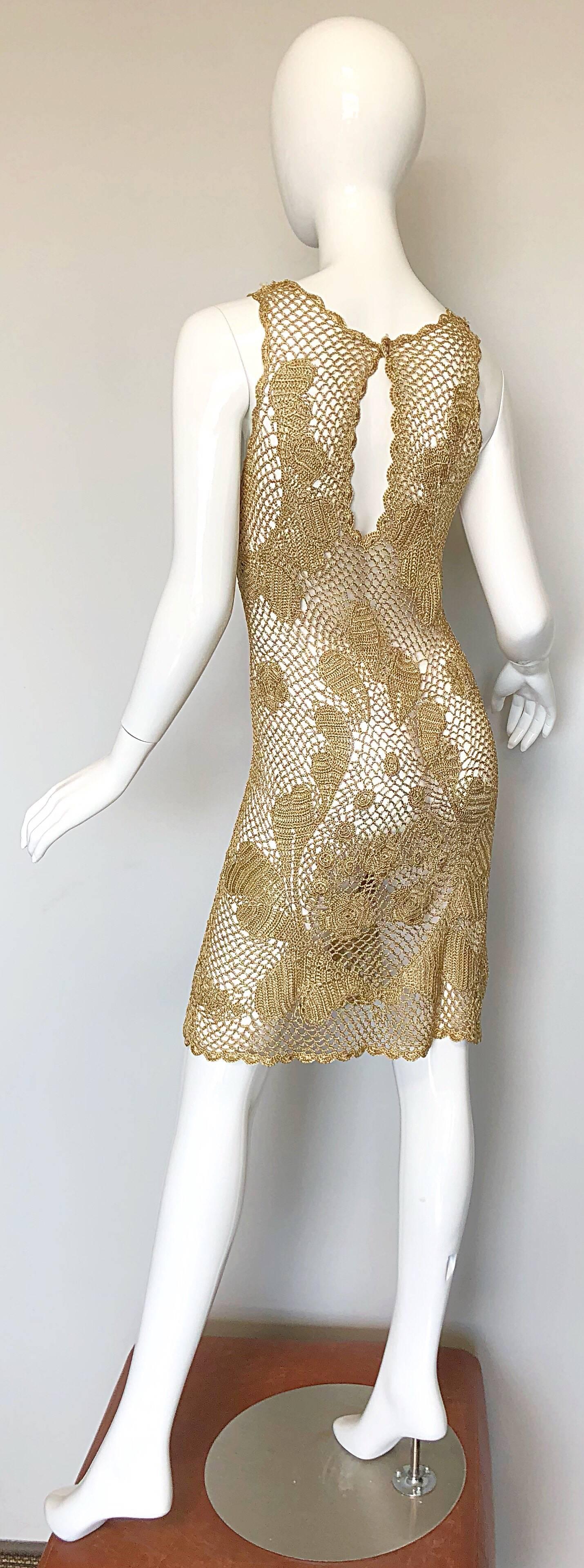 Women's 1970s Gold Metallic Hand Crochet Vintage 70s Sexy Sheer Rayon Dress