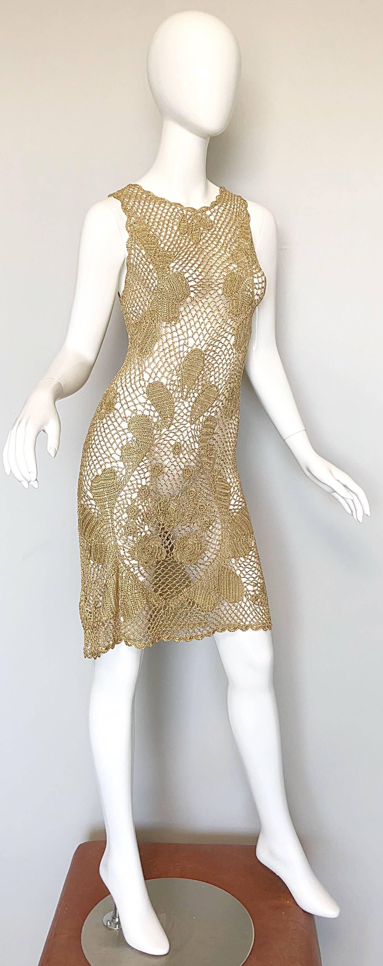 1970s Gold Metallic Hand Crochet Vintage 70s Sexy Sheer Rayon Dress 1