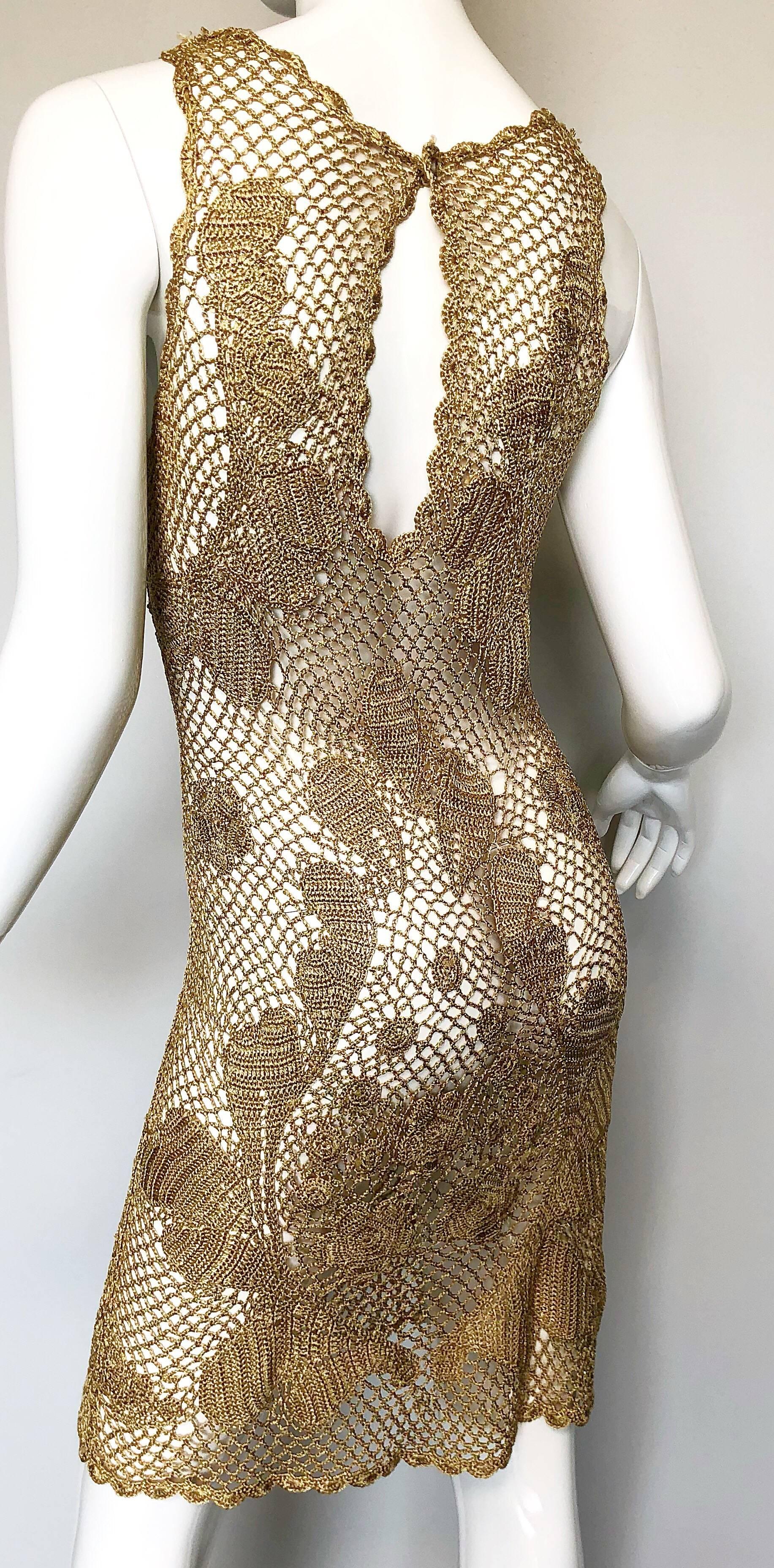 1970s Gold Metallic Hand Crochet Vintage 70s Sexy Sheer Rayon Dress 2