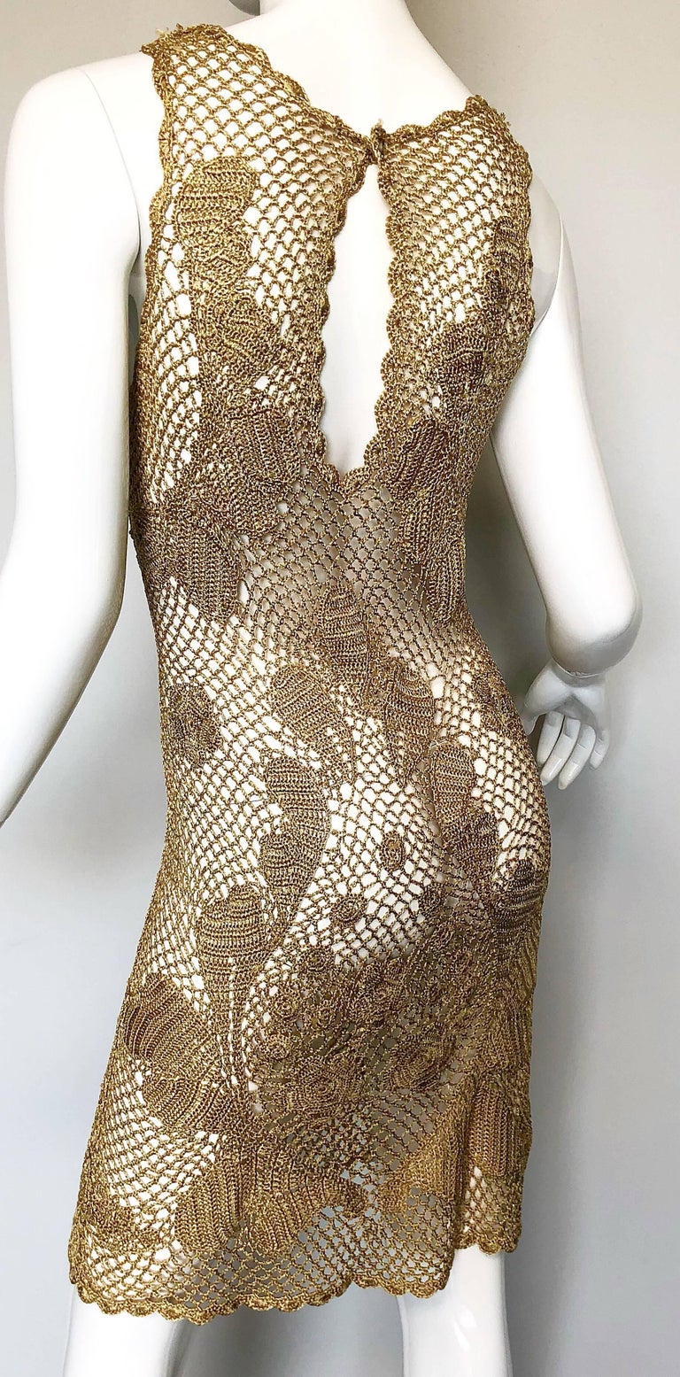 1970s Gold Metallic Hand Crochet Vintage 70s Sexy Sheer Rayon Dress at ...