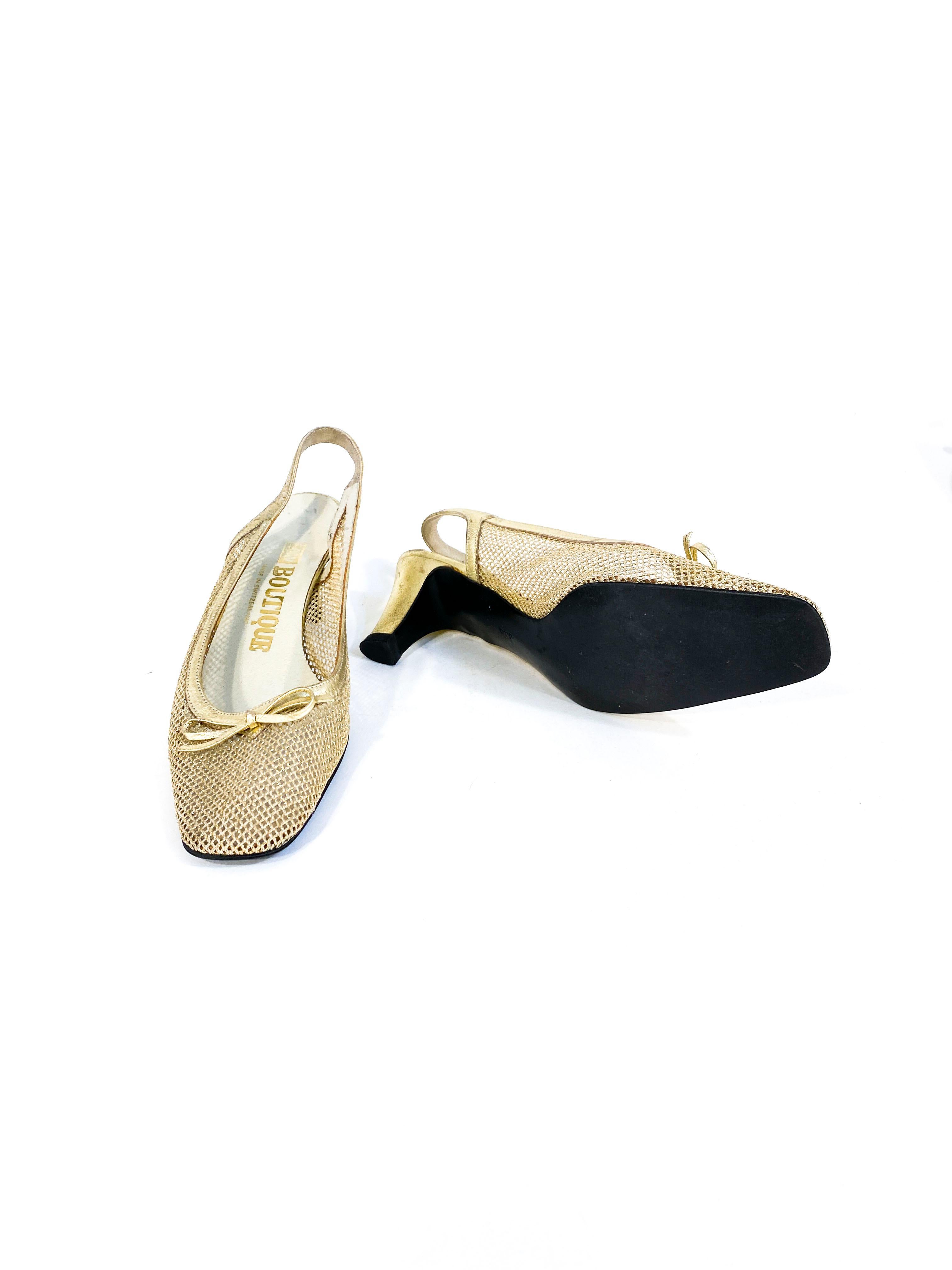 Women's 1970s Gold Metallic Mesh and Leather Heels For Sale