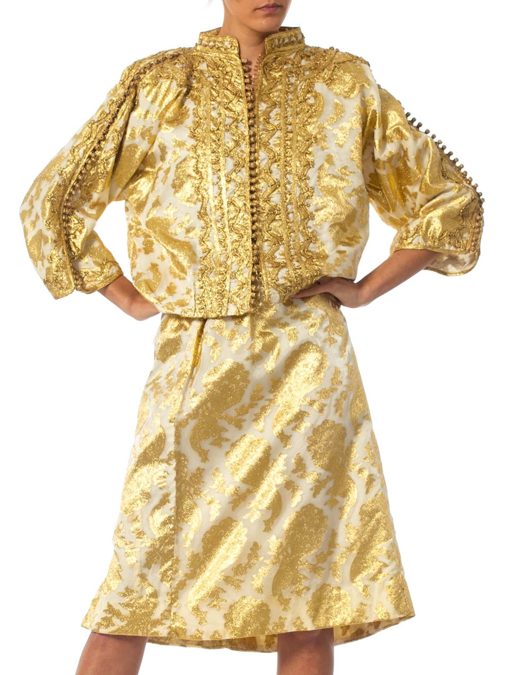 1970S Gold Metallic Poly Lurex Embroidered Ensemble Woven With Golden Peacocks! 3