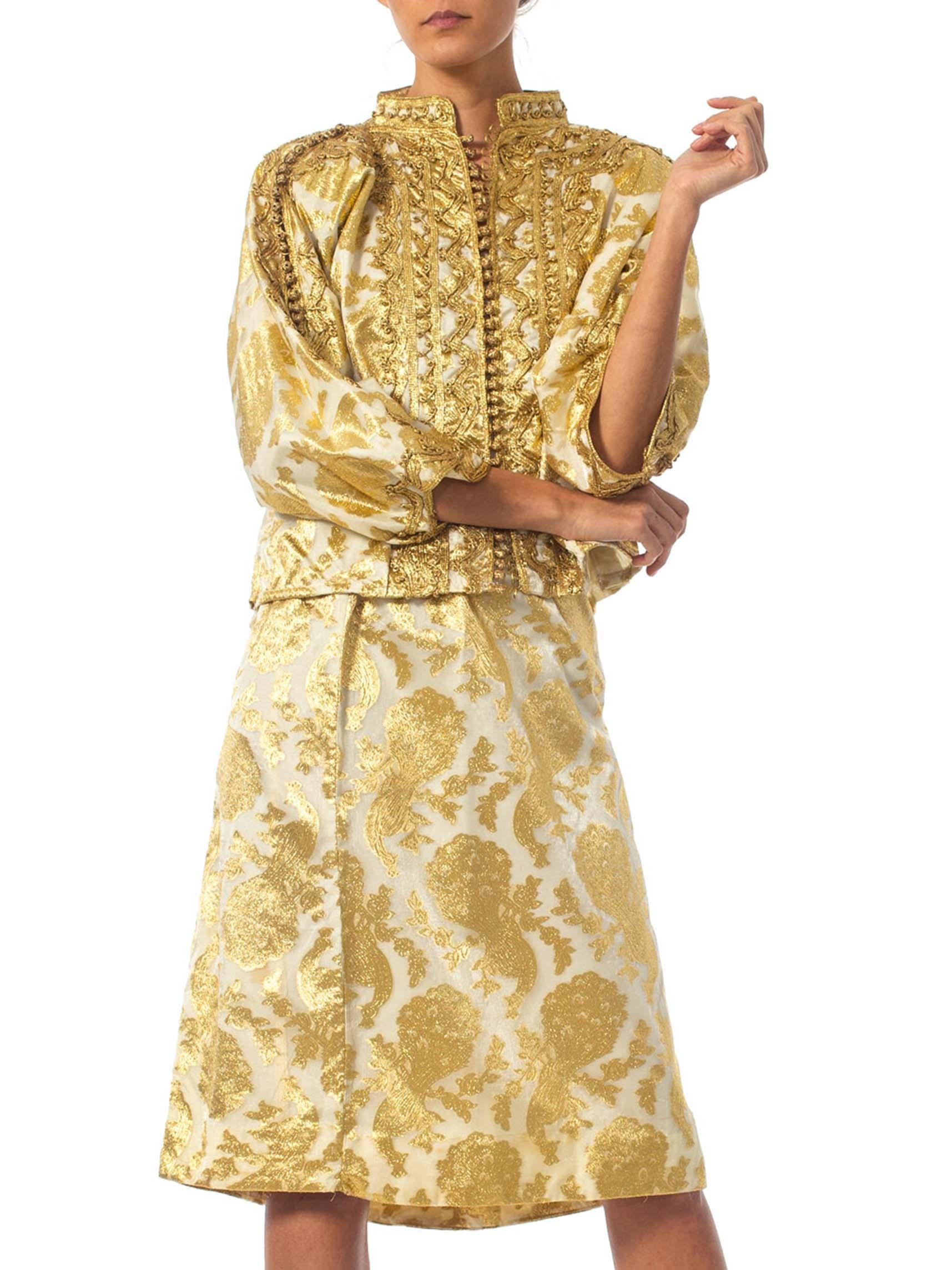 1970S Gold Metallic Poly Lurex Embroidered Ensemble Woven With Golden Peacocks! 4