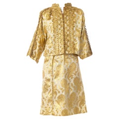 1970S Gold Metallic Poly Lurex Embroidered Ensemble Woven With Golden Peacocks!