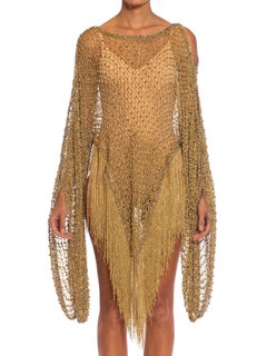 1970S Gold Metallic Rayon/Lurex Crochet Beaded Fringe Top