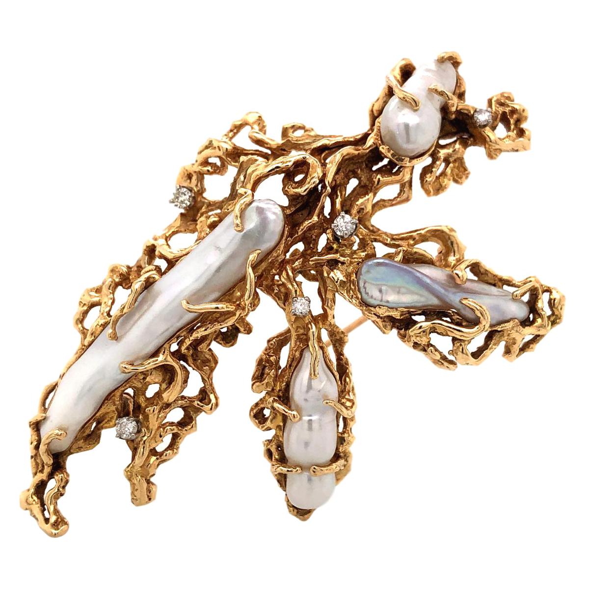 1970s Gold Pearl and Diamond Freeform Pendant Brooch