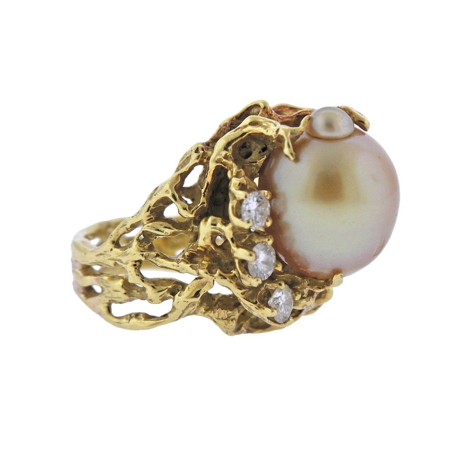 1970s Gold Pearl Diamond Free-Form Ring In Excellent Condition For Sale In Lambertville, NJ
