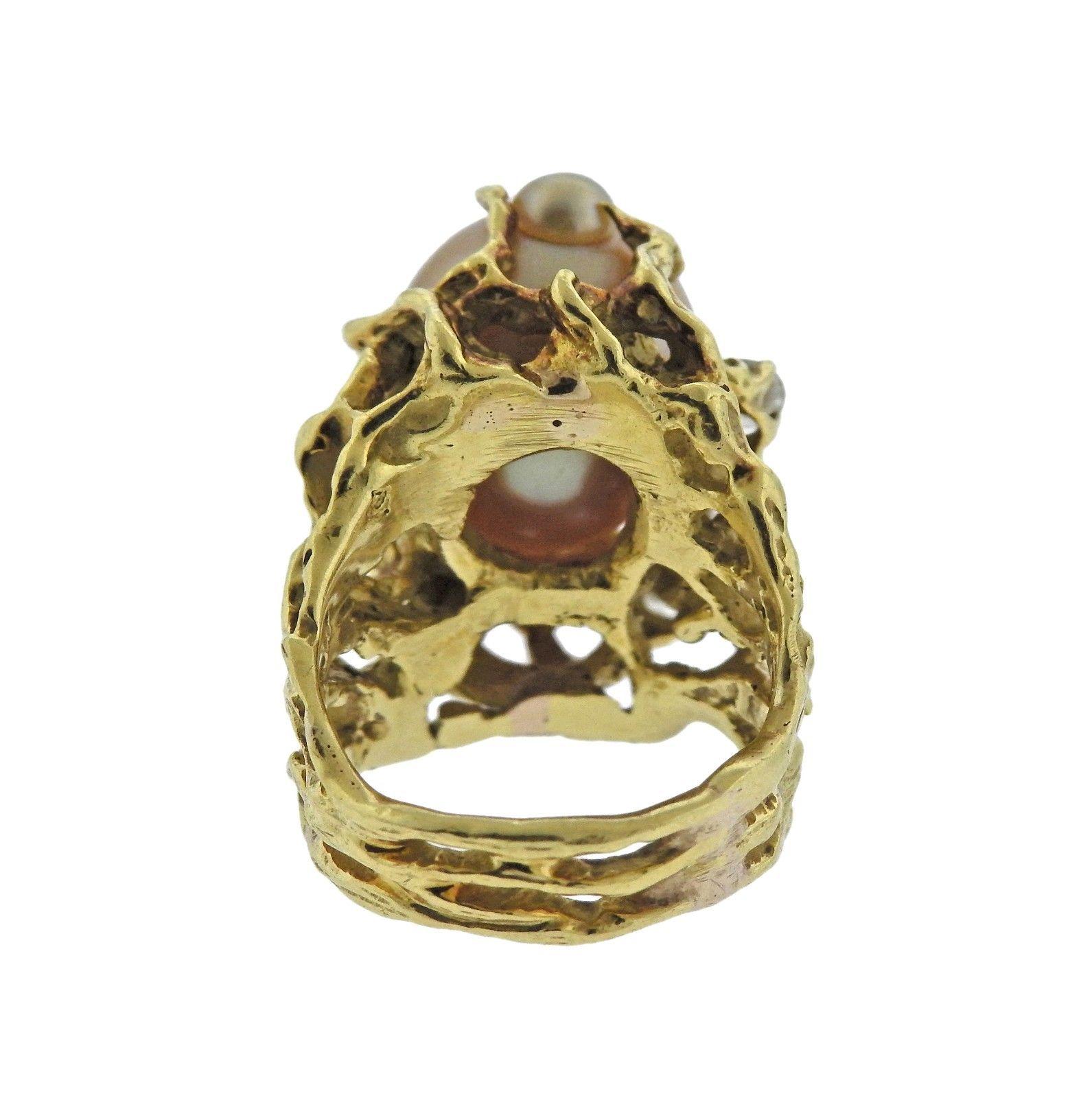 Women's 1970s Gold Pearl Diamond Free-Form Ring For Sale