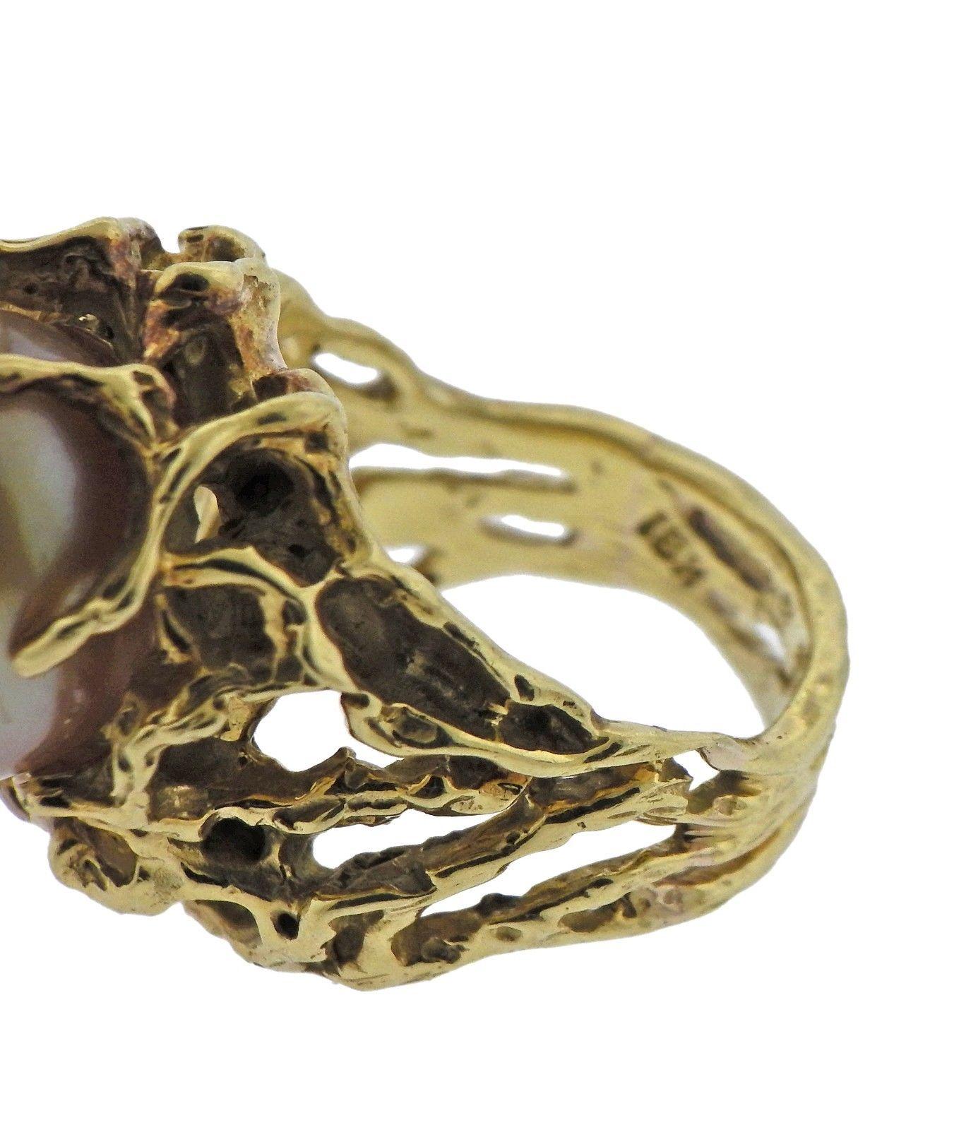 1970s Gold Pearl Diamond Free-Form Ring For Sale 1