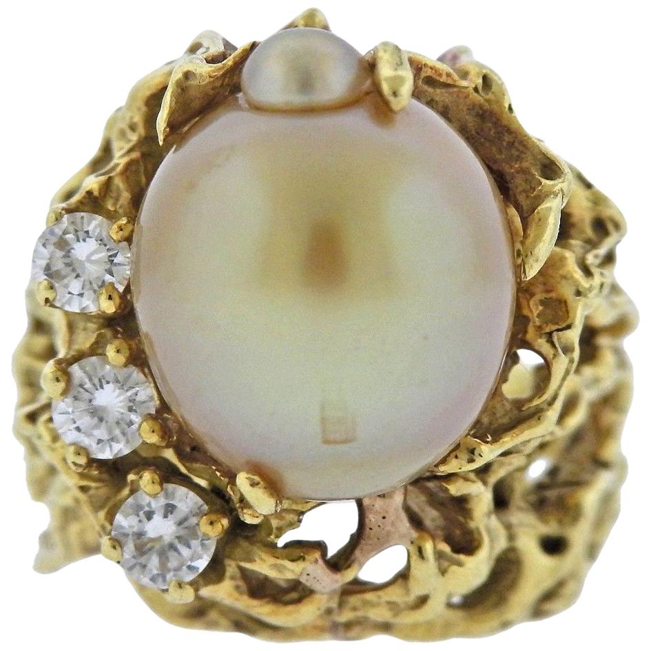 1970s Gold Pearl Diamond Free-Form Ring For Sale