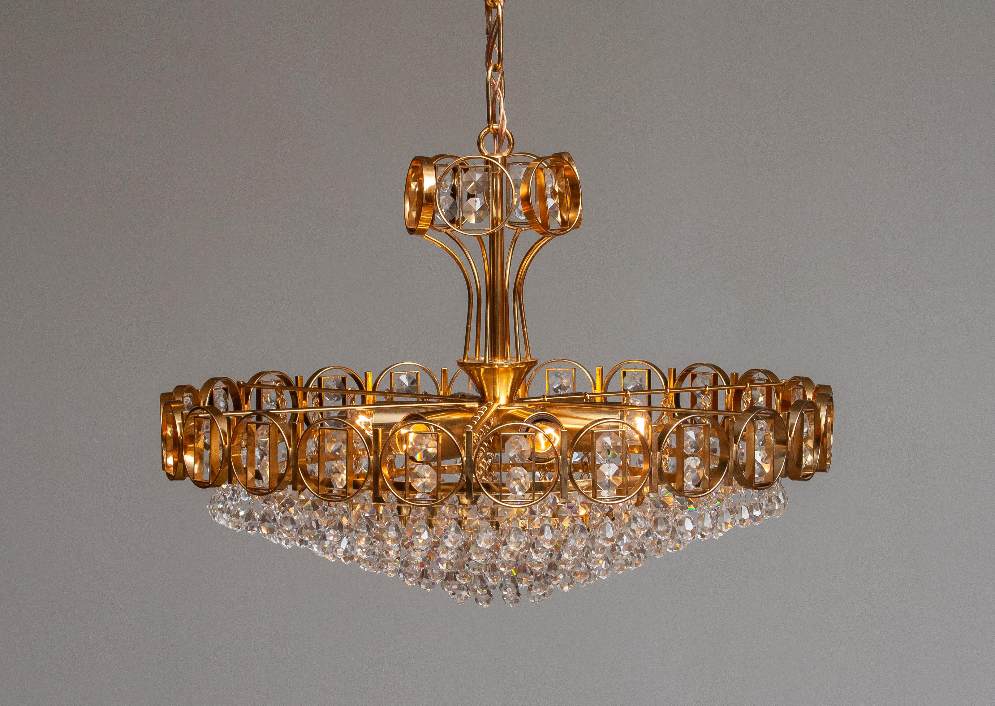 1970s, Gold Plaited Brass Chandelier with Faceted Crystals Made by Palwa Germany 5
