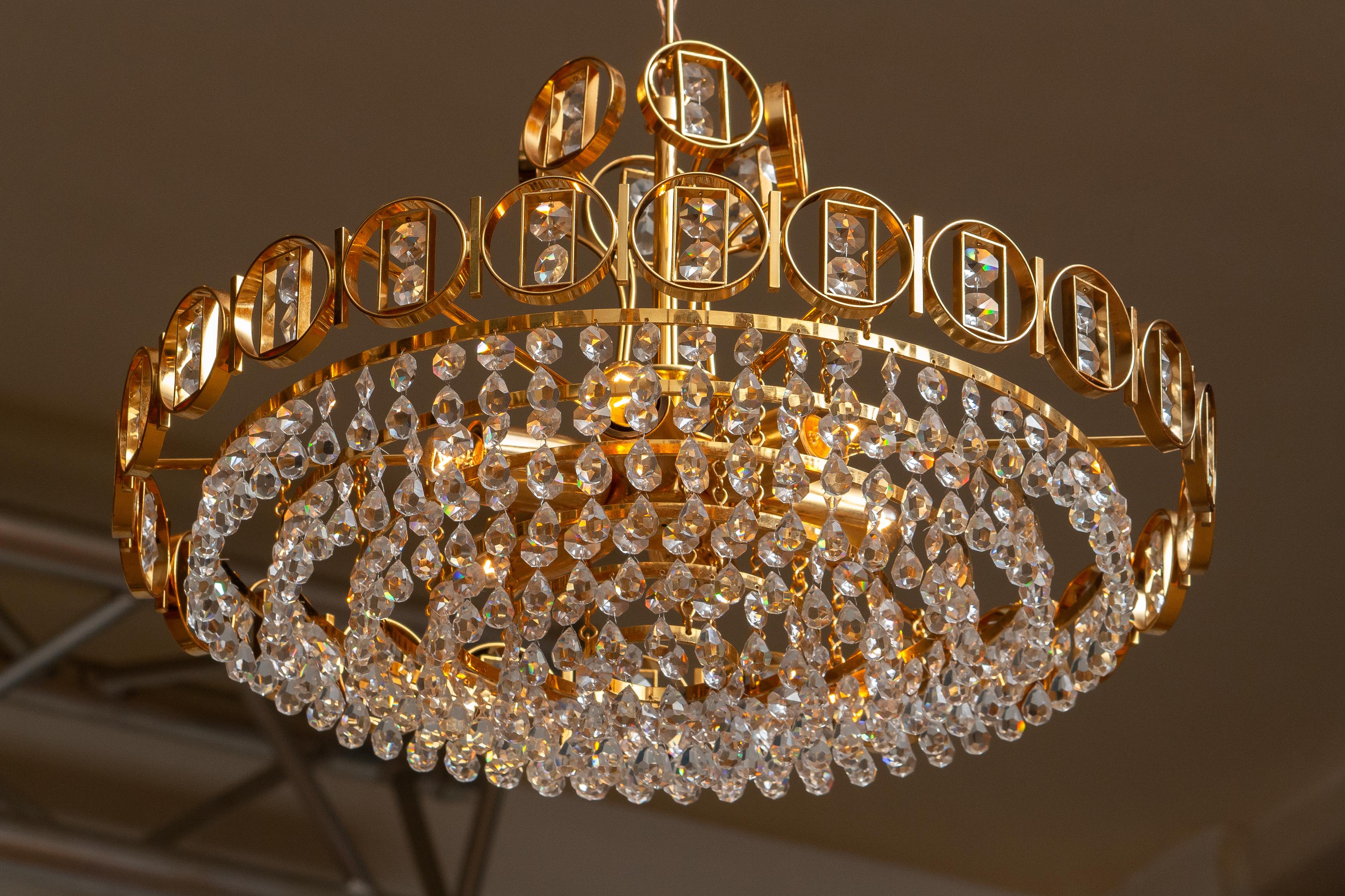 Late 20th Century 1970s, Gold Plaited Brass Chandelier with Faceted Crystals Made by Palwa Germany