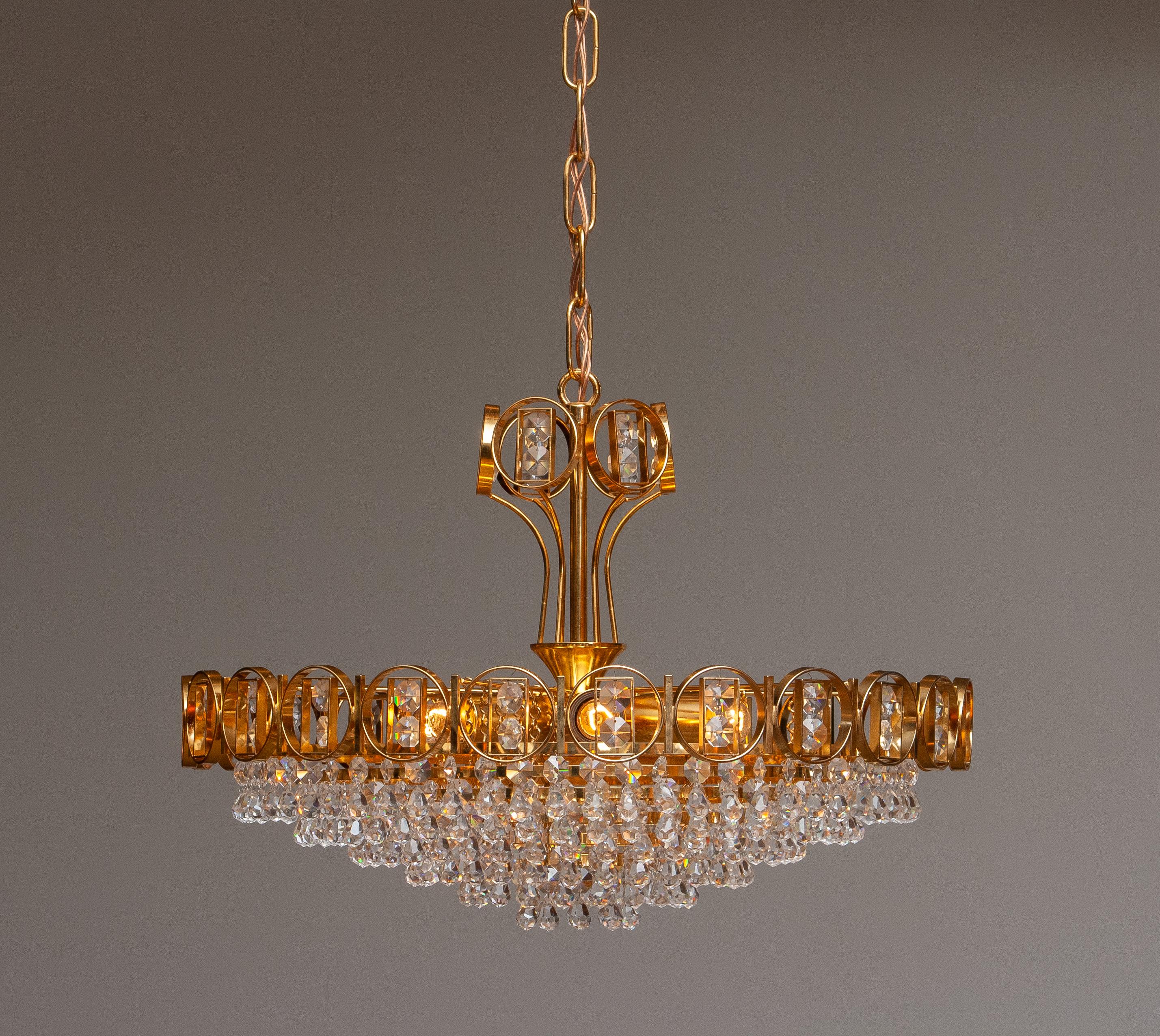 1970s, Gold Plaited Brass Chandelier with Faceted Crystals Made by Palwa Germany 1