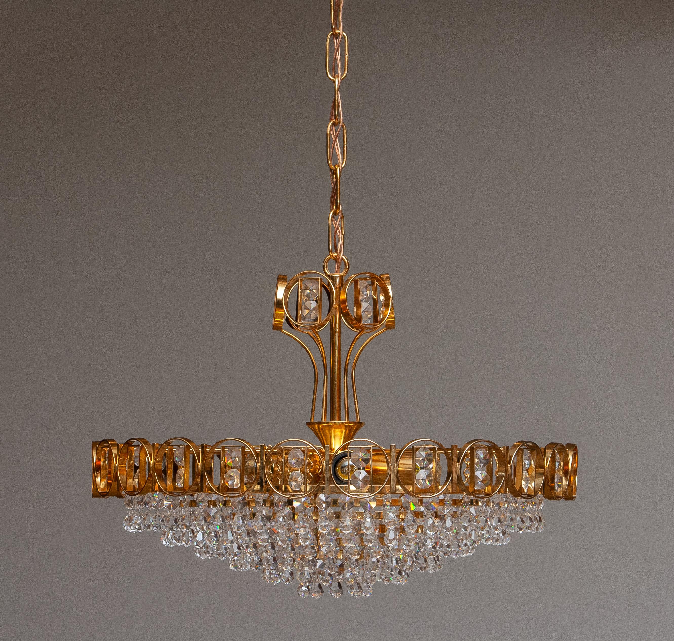 1970s, Gold Plaited Brass Chandelier with Faceted Crystals Made by Palwa Germany 2