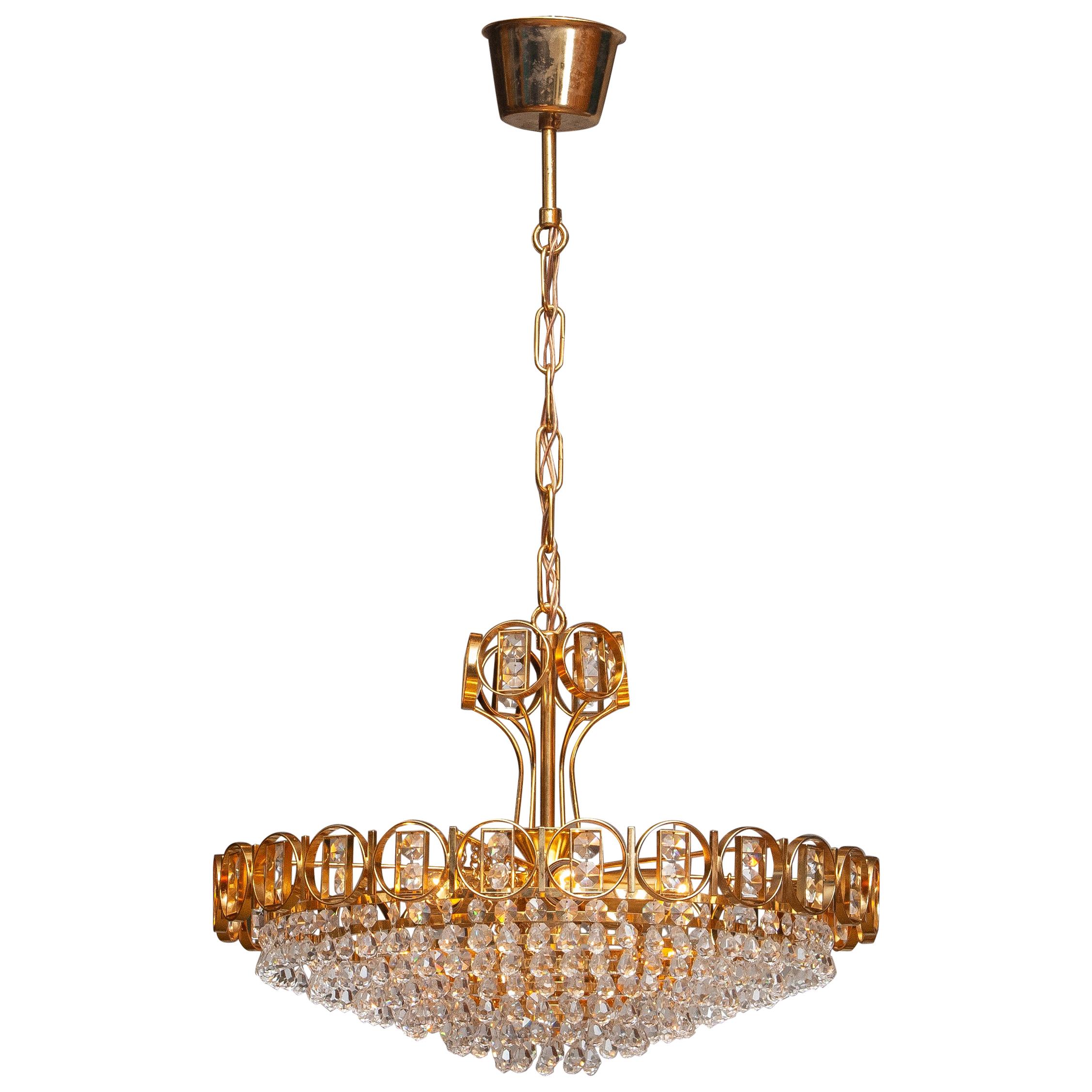 1970s, Gold Plaited Brass Chandelier with Faceted Crystals Made by Palwa Germany