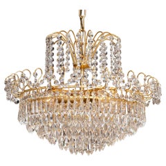 1970s, Gold-Plated and Faceted Crystal Chandelier Attributed to Reijmyre, Sweden