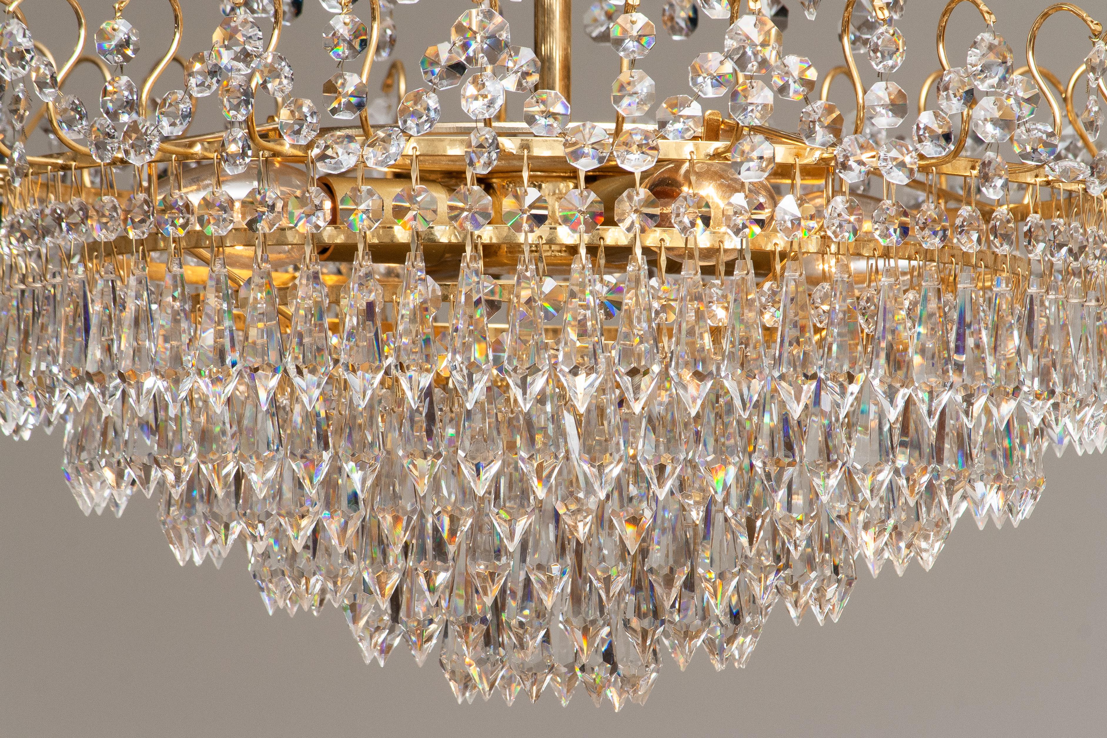 1970s, Gold-Plated and Faceted Crystal Chandelier Attributed to Rejmyre Sweden 4
