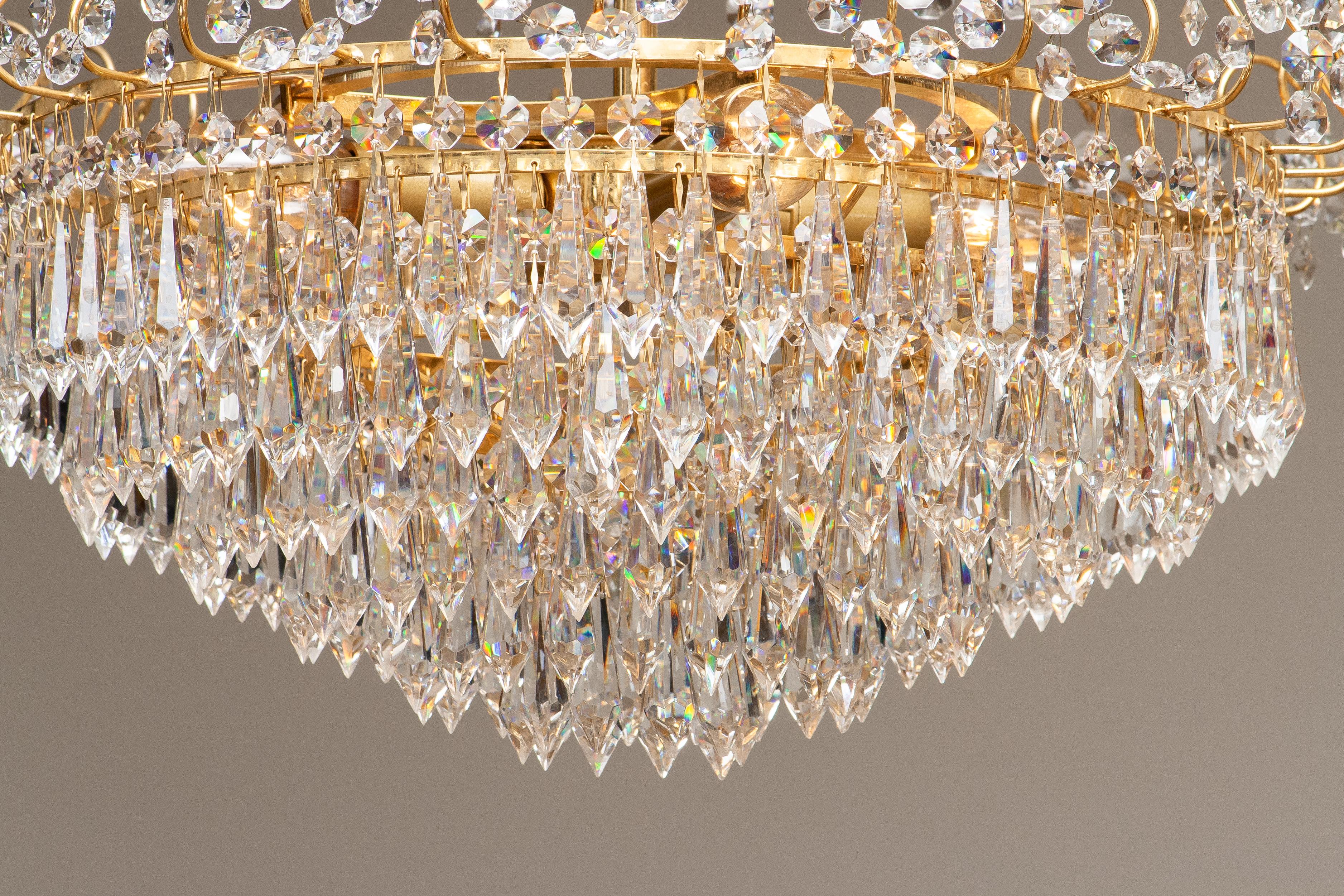 Swedish 1970s, Gold-Plated and Faceted Crystal Chandelier Attributed to Reijmyre, Sweden For Sale