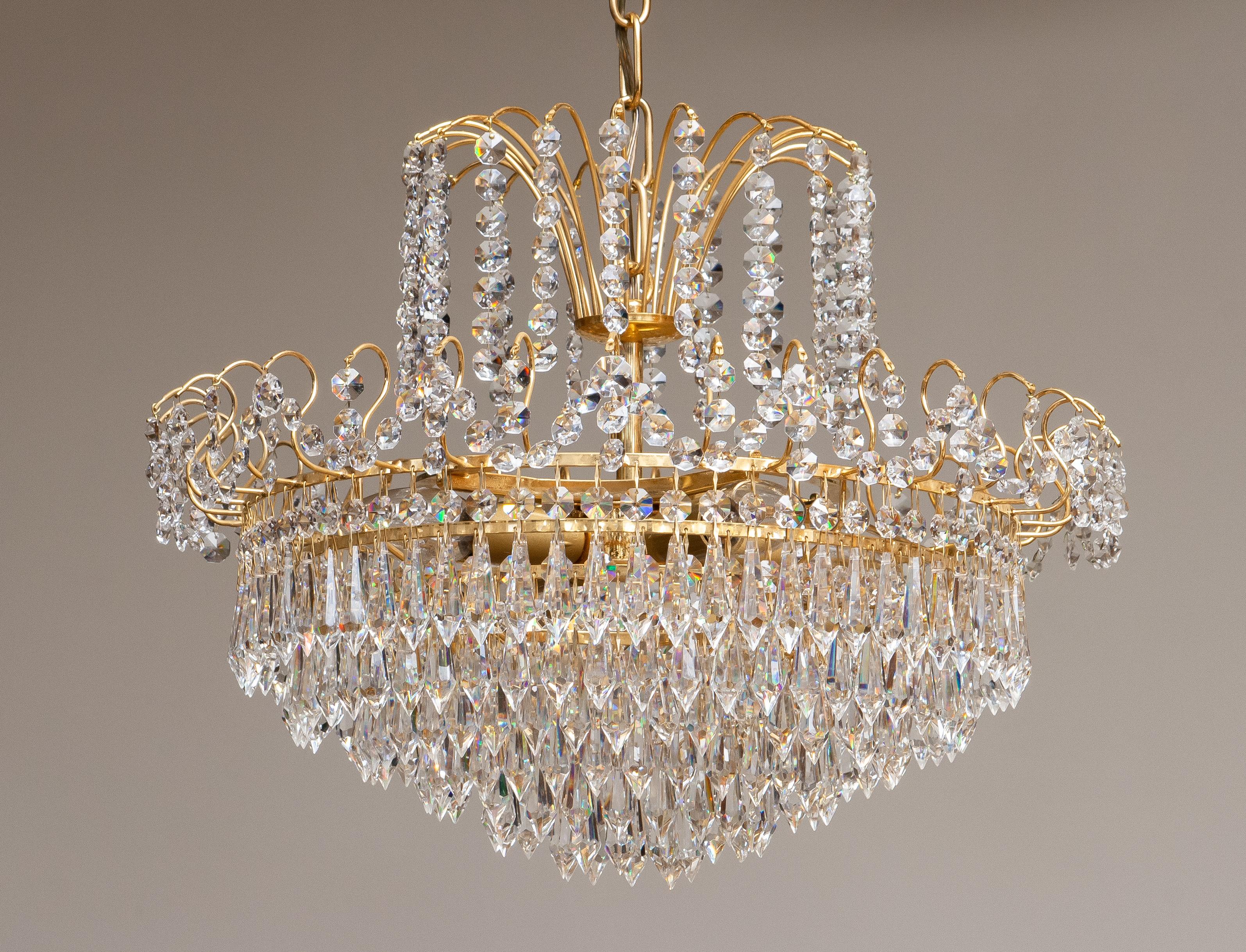 1970s, Gold-Plated and Faceted Crystal Chandelier Attributed to Rejmyre Sweden 2