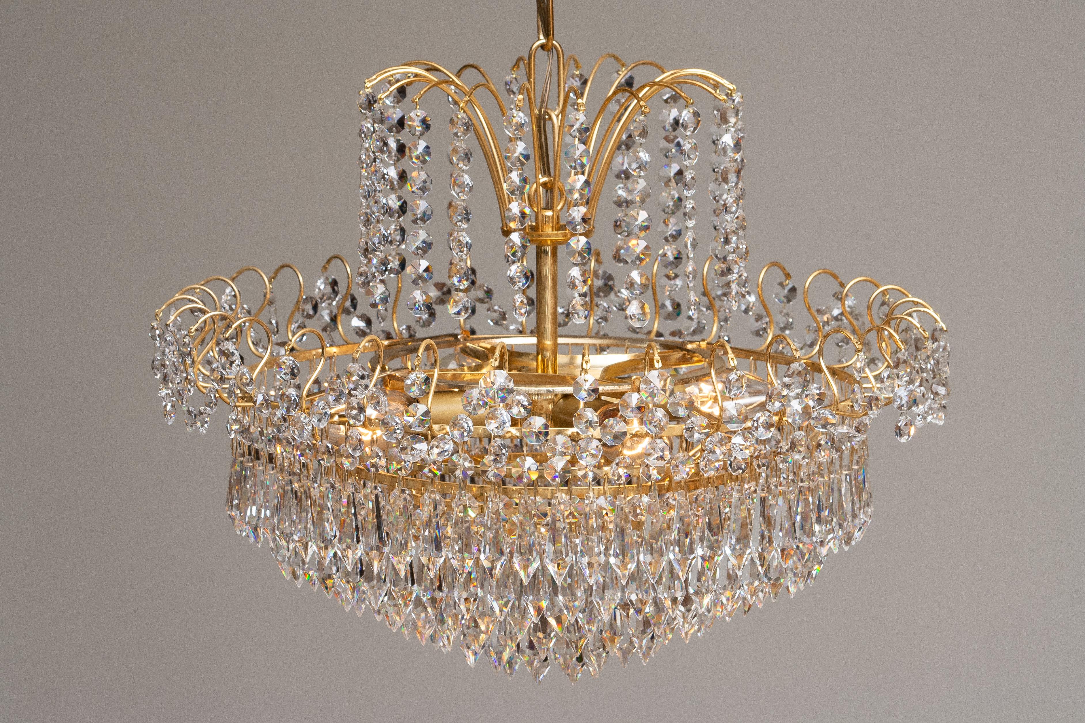 1970s, Gold-Plated and Faceted Crystal Chandelier Attributed to Rejmyre Sweden 3