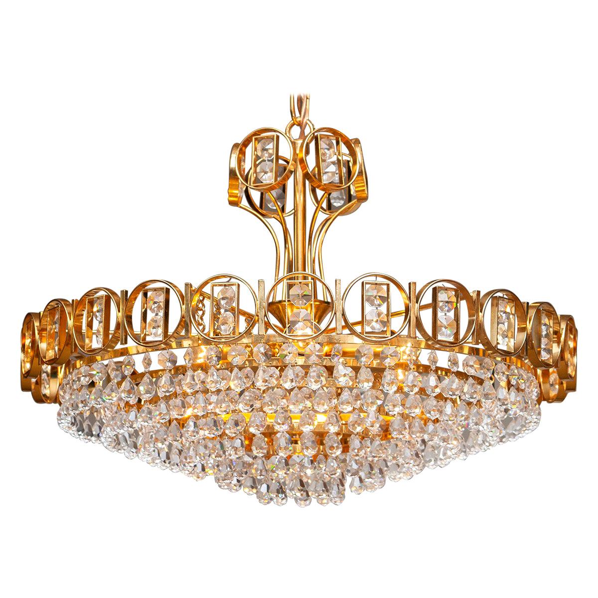 Mid-Century Modern 1970s, Gold-Plated Brass Chandelier with Faceted Crystals Made by Palwa, Germany