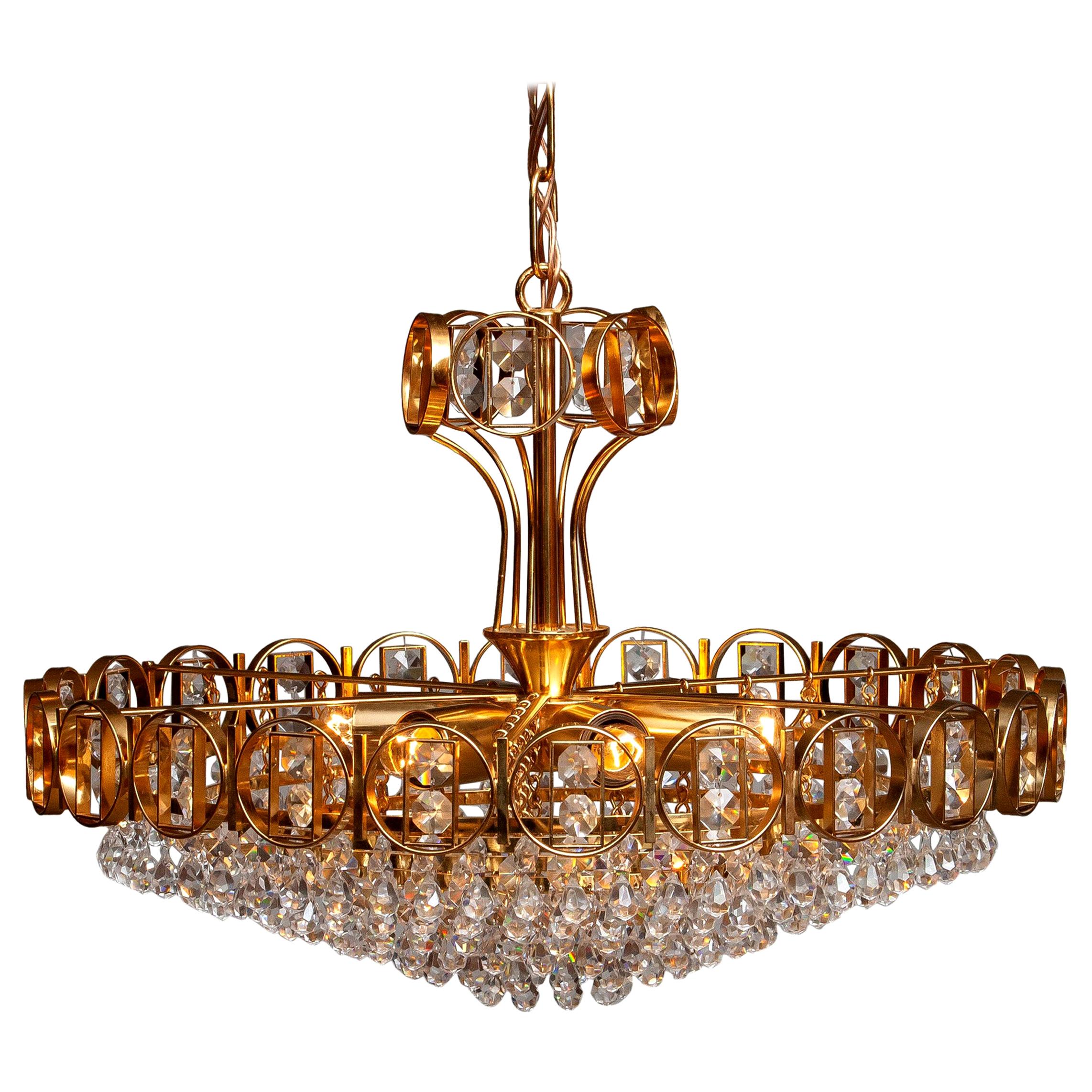 Mid-Century Modern 1970s, Gold-Plated Brass Chandelier with Faceted Crystals Made by Palwa, Germany