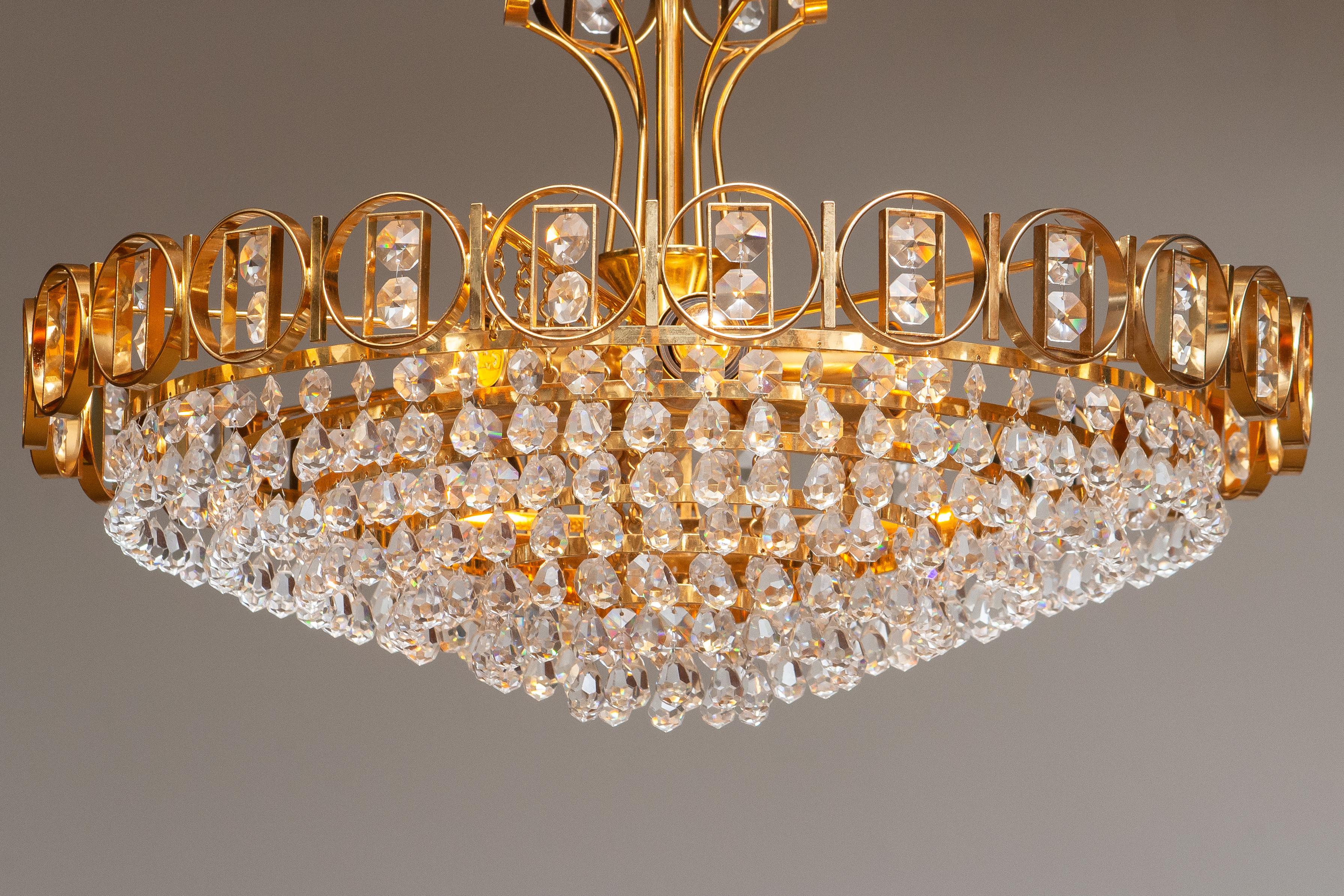 1970s, Gold-Plated Brass Chandelier with Faceted Crystals Made by Palwa, Germany In Good Condition In Silvolde, Gelderland