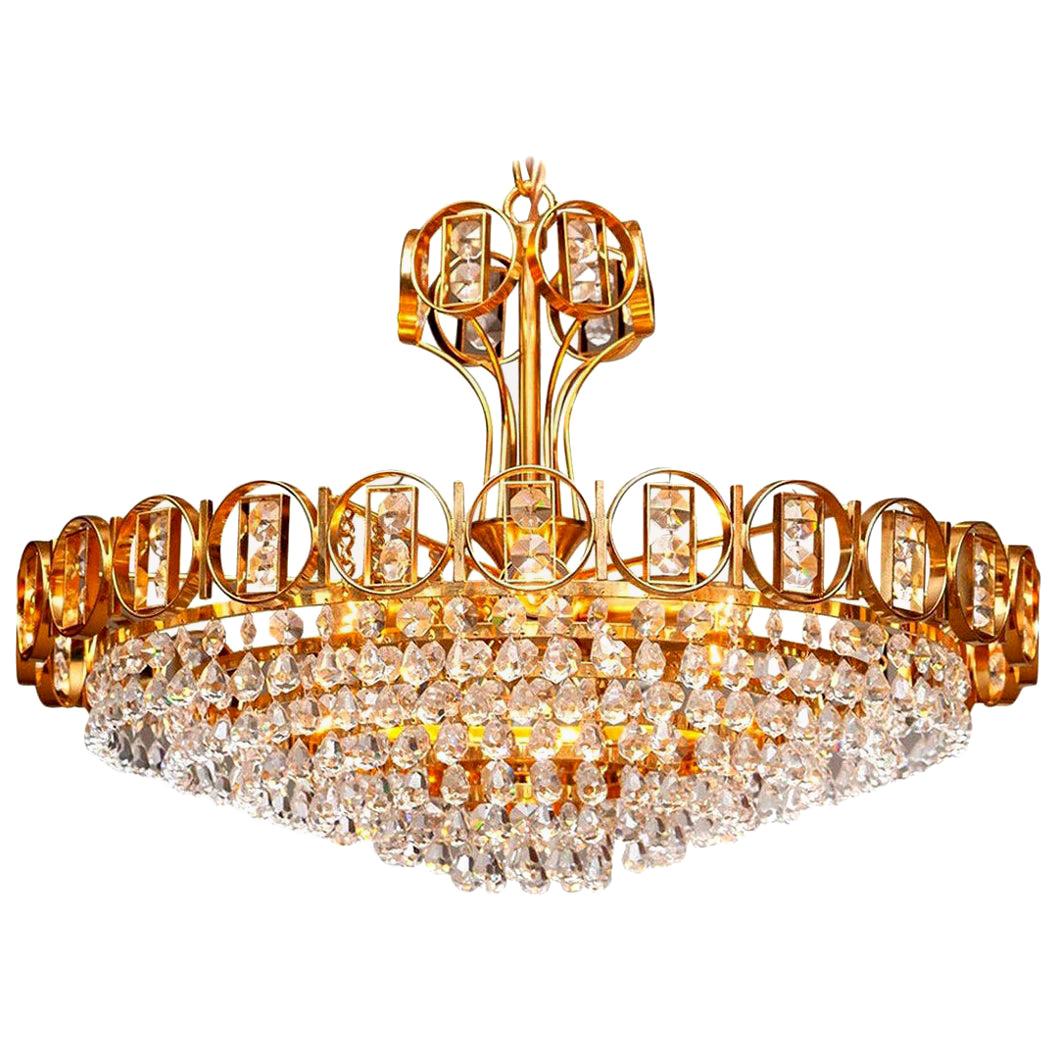 1970s, Gold-Plated Brass Chandelier with Faceted Crystals Made by Palwa, Germany In Good Condition In Silvolde, Gelderland