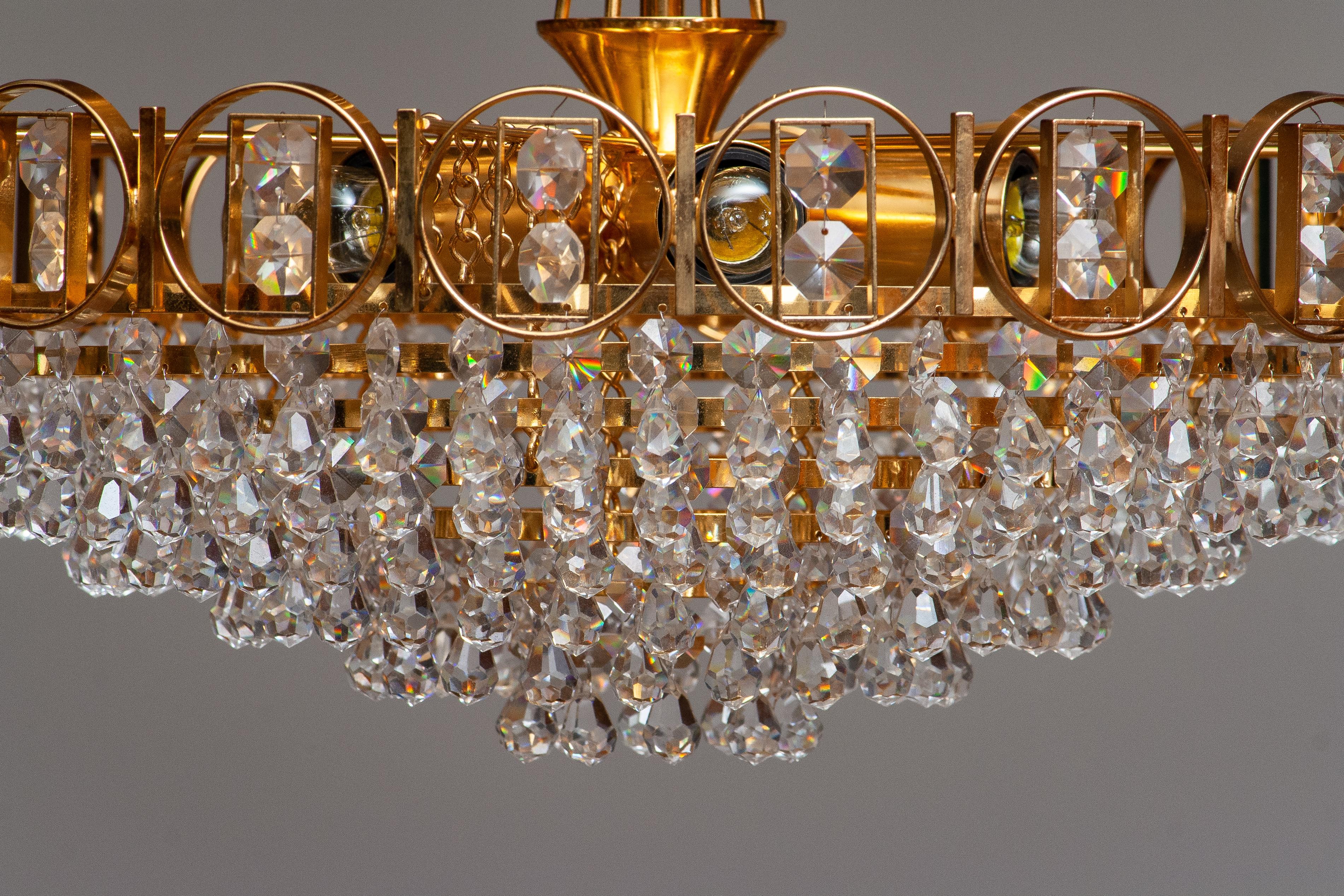 1970s, Gold-Plated Brass Chandelier with Faceted Crystals Made by Palwa, Germany 1